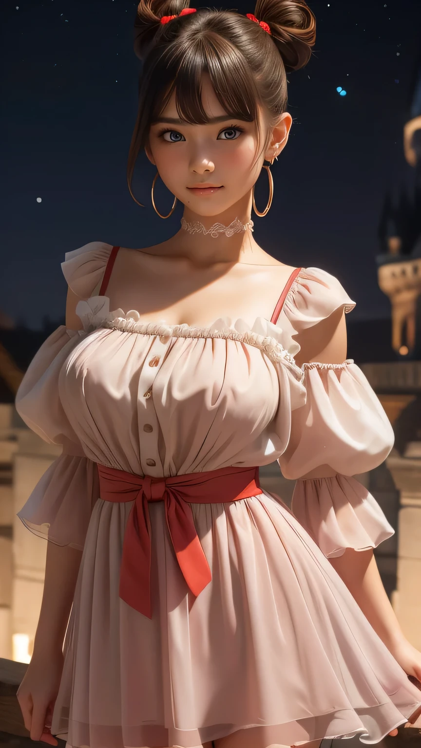 ((16-years old)), short hair((double buns)), ((chiffon, puffy sleeve mini dress, red)), Accessories ((Ribbon Hair Band, earrings)), huge tits:1.3, huge-breasted, Korean Makeup Look, castle, night sky, Smiling expression, standing, cowboy shot:1.3, head to thigh,