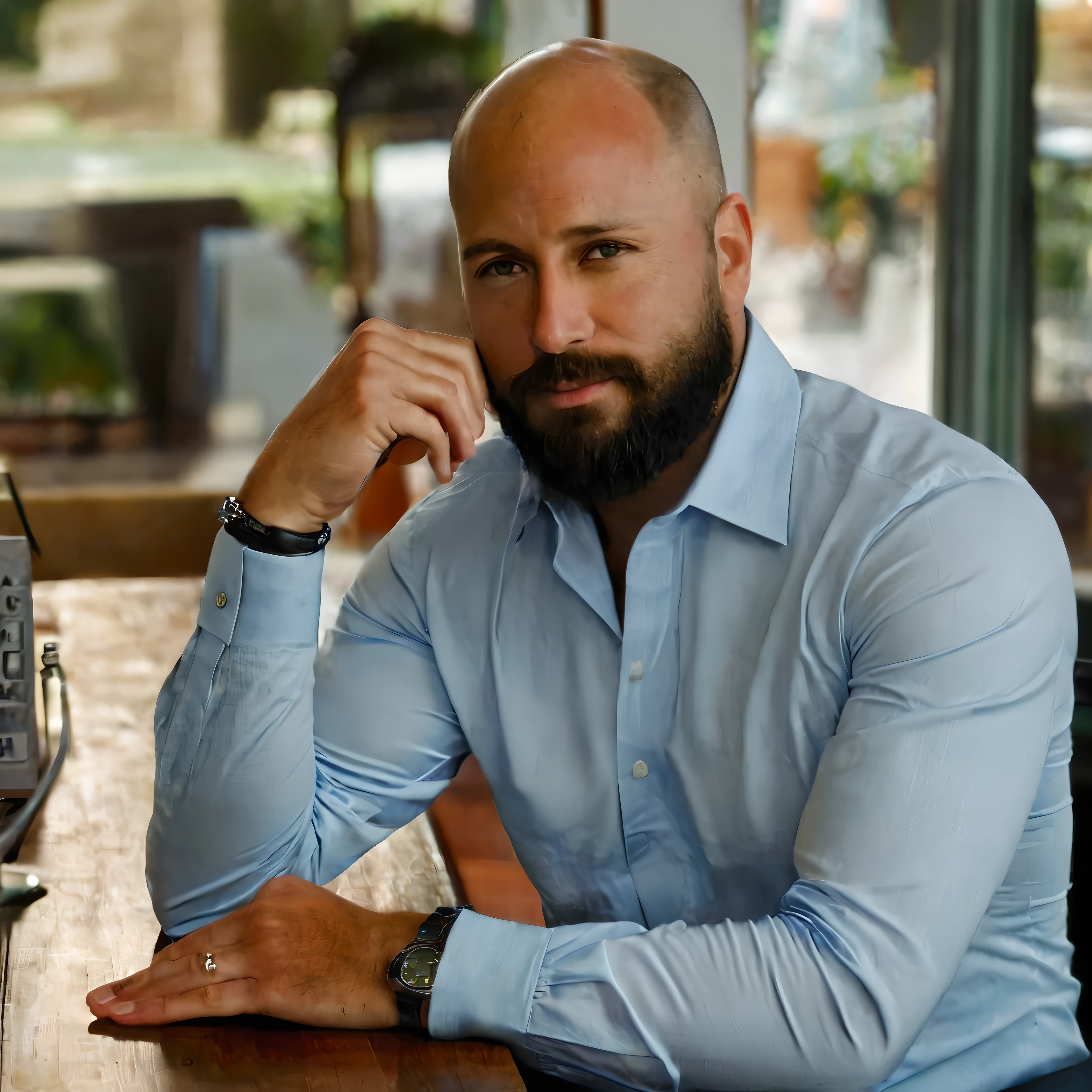 Uma foto hiper realista, 8k, obra prima, boa iluminação, foto de estúdio, homem com barba e bigode olhando para o espectador com uma postura confiante e expressão que transmite profissionalismo, Rosto com barba, barba cheia, barba alinhadas, homem com barba, a barba está bem aparada, barba bem cuidada, barba detalhada, olhos verdes, pele clara, cabelo extremamente baixo com corte feito a máquina, {foto para perfil profissional no LinkedIn, ((com blusa social)):1.5}A hyper realistic photo of a man with no wrinkles and a confident posture is sitting at a table in front of a laptop. A true masterpiece, He has a strong and imposing appearance that exudes confidence {looking at the viewer:1.5}. He has light green eyes with some brown streaks, a partially bald head and a ((full, well-groomed beard without gray hairs)), which contributes to a robust, sophisticated and professional look. His facial expression is neutral but calm, and he has his hands close to his face, in front of his body, with his elbows resting on the table, in a contemplative pose. {He is wearing a long-sleeved dress shirt in a dark blue but grayish color:1.5}, close-fitting to the body, with buttons that give a modern and elegant touch to the look. The watch he wears on his left wrist appears to be of high quality, with a black leather strap. The setting is an indoor environment of a coffee shop, with warm and soft lighting in the background, creating a cozy and professional atmosphere.