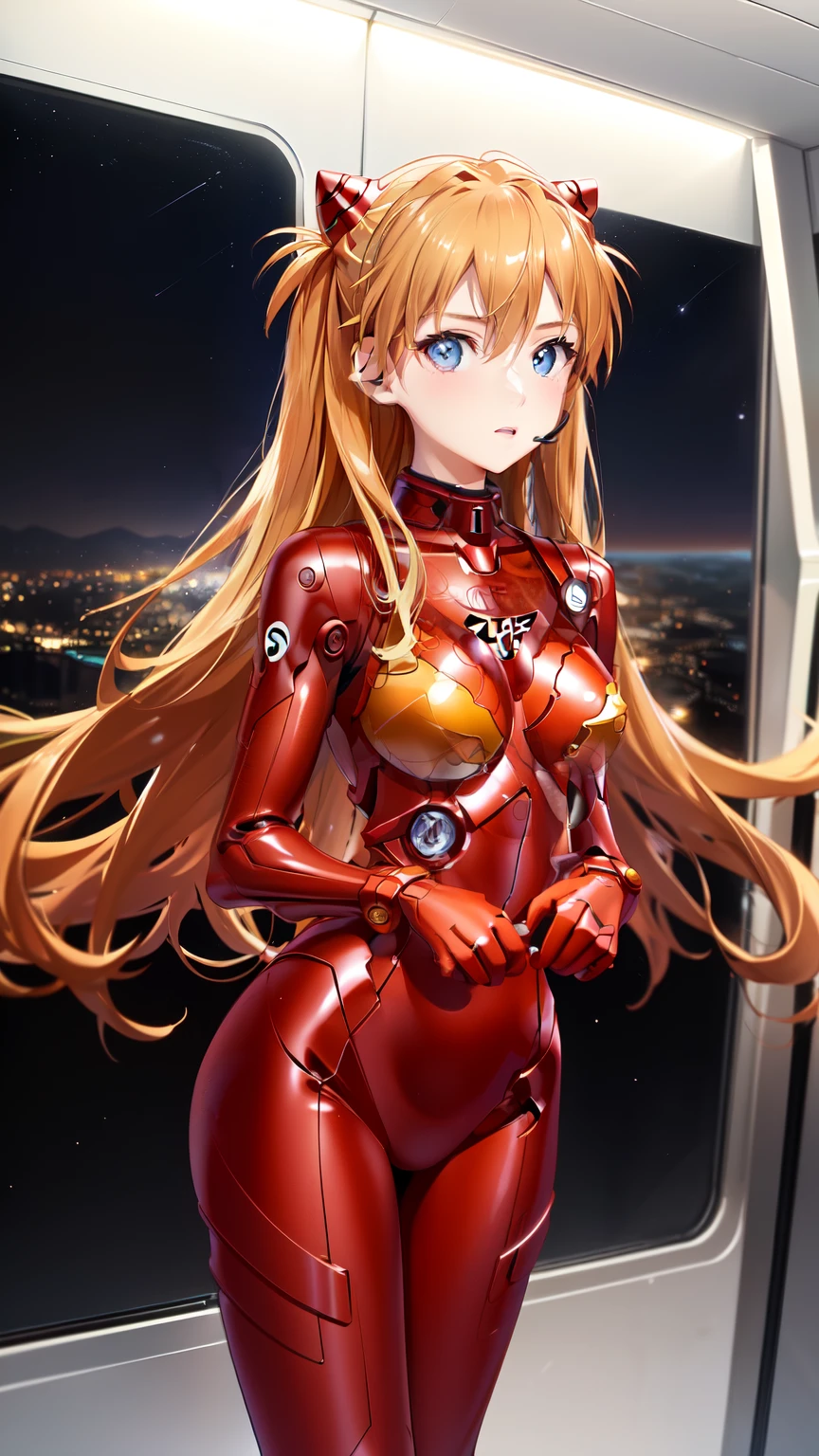 (Overlooking figure),Dynamic Angle,Super detailed, figure, close, Straight, One girl, ((Soryu Asuka Langley, Interface Headset, Red bodysuit:1.4, Blonde)),Her eyes shone like dream-like stars,(Glowing Eyes:1.233),(Beautiful and detailed:1.1),(Expressionless,Mouth closed),(Are standing), (In a white spaceship、Mechanic room with tools and spaceship window), (night:1.2),dream-like, [[Delicate fingers and hands:0.55]::0.85],(Finger details), (detailed hands)
