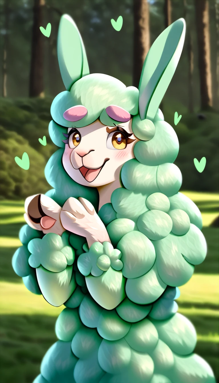 Cuddly fluffy anthro featureless female mint green woolen alpaca, hands open to accept a hug, friendly warm smile