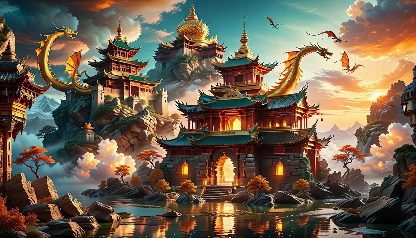 A Masterpiece In 32K Resolution, Supreme Quality, Super Detail, Official Art, Very High-Resolution 32K Wallpaper, Beautiful And Aesthetic, Ultra-Detailed Features, Awe-Inspiring Detail. A Floating Monastery Hangs In The Sky, Its Stone Foundations Hovering Above A Cloudy Abyss. A Dragons Coil Around The Monastery's Towering Spires, Their Serpentine Gracefully Around The Ancient Structures. Their Scales Glow With An Ethereal Light, Casting A Soft Radiance Across The Floating Islands. As The Sun Sets, A Golden Light Reflects Off The Dragons Shimmering Forms, Creating A Mesmerizing Glow, While Long Shadows Stretch Across The Dreamlike Twilight Landscape.