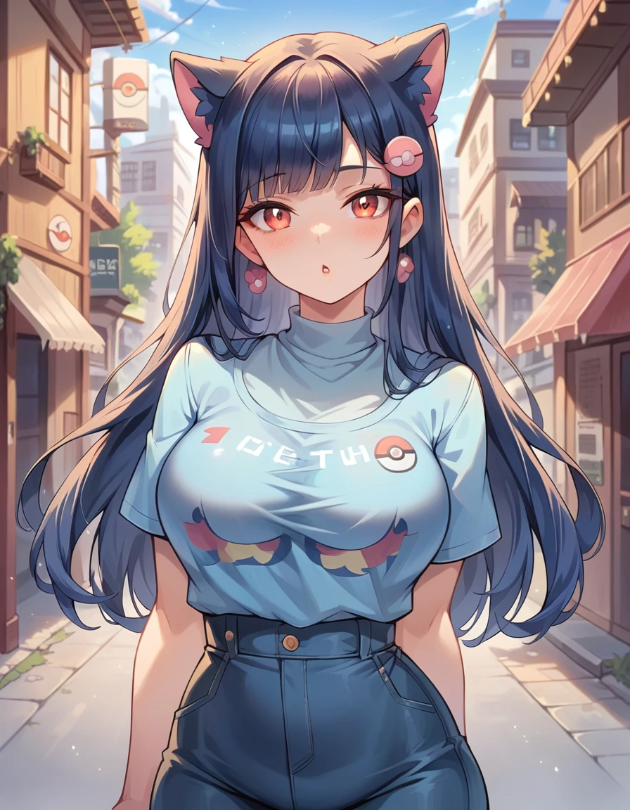  masterpiece, best quality,  cinematic lens effect, beautiful eyes, ultra detailed, depth of field, ((Busty Bitches)) ,   Ecchi chibi Pokemon girl in miniskirt, colourful clothes, night time alley way in Asian city)l