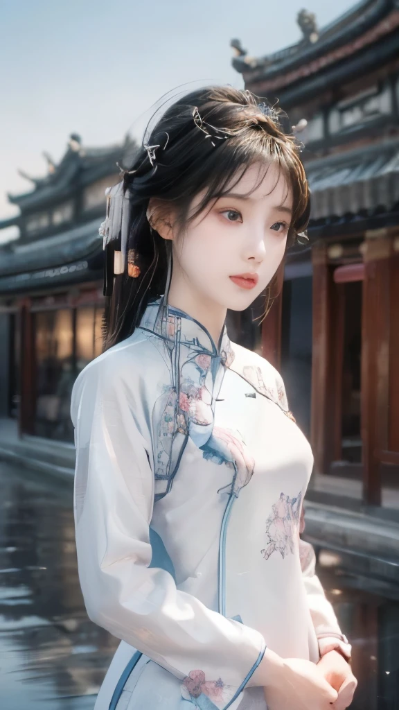((((8K))),((Extremely detailed CG)) ,(wallpaper),16K,((Extremely refined and beautiful)),(((masterpiece))),(((Best quality))),(((Ultra-high resolution))),Beautiful Lights,Perfect Lightning,Realistic shadows,(Skin smooth and flawless:1.5),(Extremely fine facial details:1.2),(Perfect body:1.2),(Ultra detailed),(( a pretty girl,Solitary)),(Small head:1.2),(Pale skin:1.3),(Medium Length Straight Hair:1.2),(Small face:1.2),(:1.3),(Exquisite makeup:1.2),(blush:1.3),(Small chest:1.2),(Flat chest:1.2),((,thin)),(lol:1.2),(微lol:1.2),(Large floral cheongsam:1.5),(Outdoor:1.2),(early summer:1.3),(Detailed background:1.5),(Standing:1.3),(Upper body:1.3),(From the front:1.2),(Ancient Chinese water towns are filled with blooming orchids:1.5),(on board:1.5),(By the River:1.3),(Night view:1.5),(Starry Sky:1.3),(House with white walls and black tiles:1.2),
