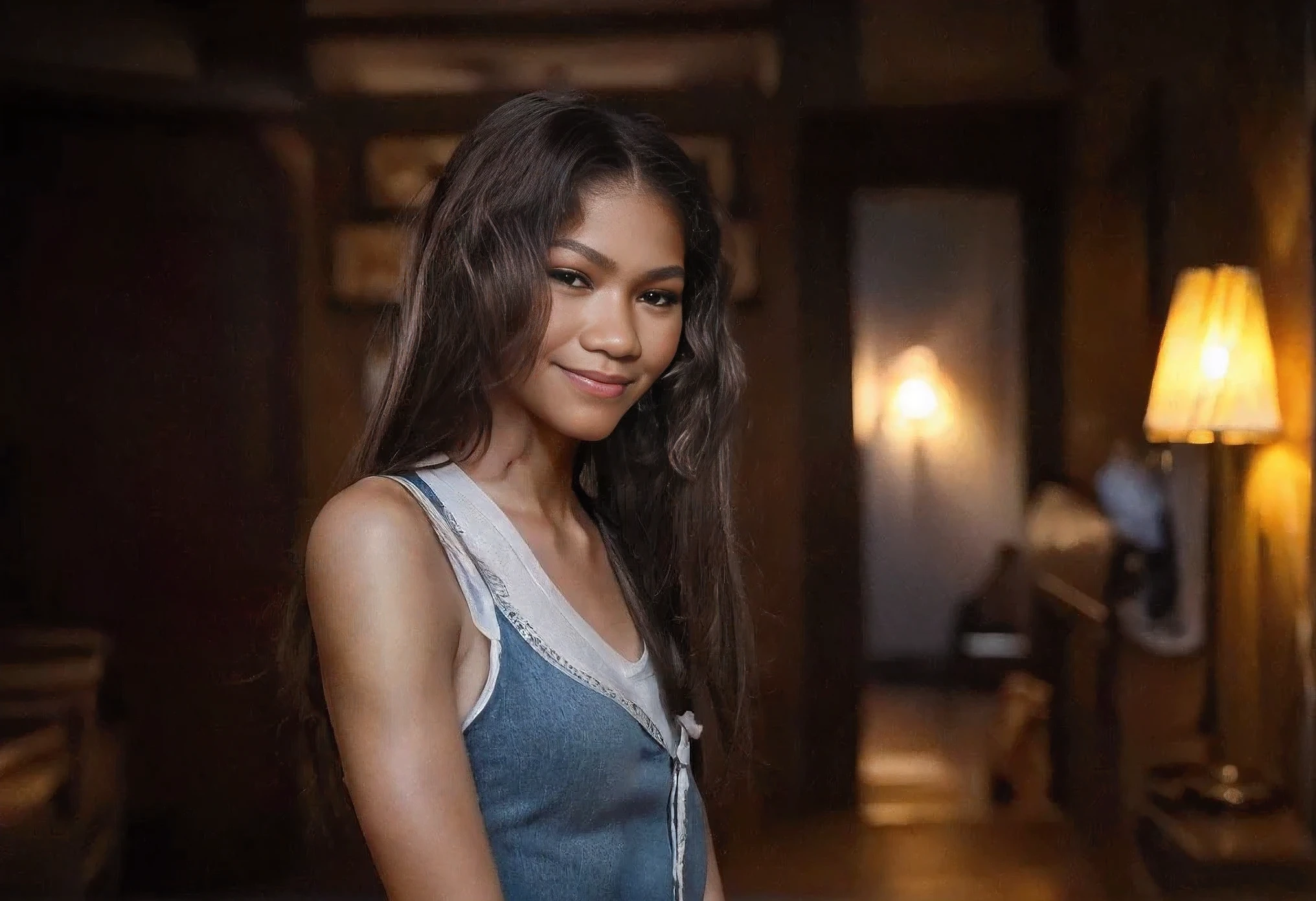 (zendaya:.4), (32k:1.5, Highest quality, masterpiece, Ultra-high resolution), Professional camera work:1.6, Highly detailed skin and face textures:1.3, Captivating portrait:1.2, Very accurate, Very detailed, 1 adult female, Incredibly slim body, sense of loss, Sadness, Expressions of sadness,  Small face, (()), (medium shot), (smile)