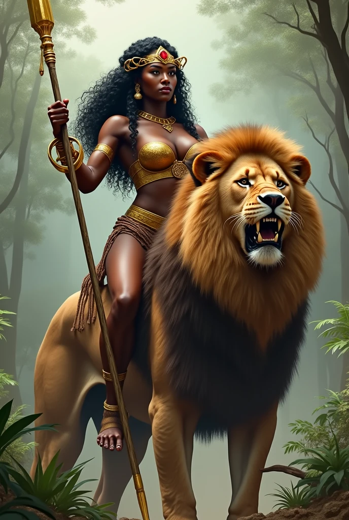 Capturing Xangô’s true and dominant presence, A 22-year-old dark-skinned woman depicts the character(( seated on a throne,Stoney,)) In an African village, big breasts and big breasts((( her faithful lion))) beside his throne,Decorated with solemn robes and crowns, Short hair exudes authority and wisdom. Clothes have color ((((red and white, )))((( Holding a double-sided ax in hand)))