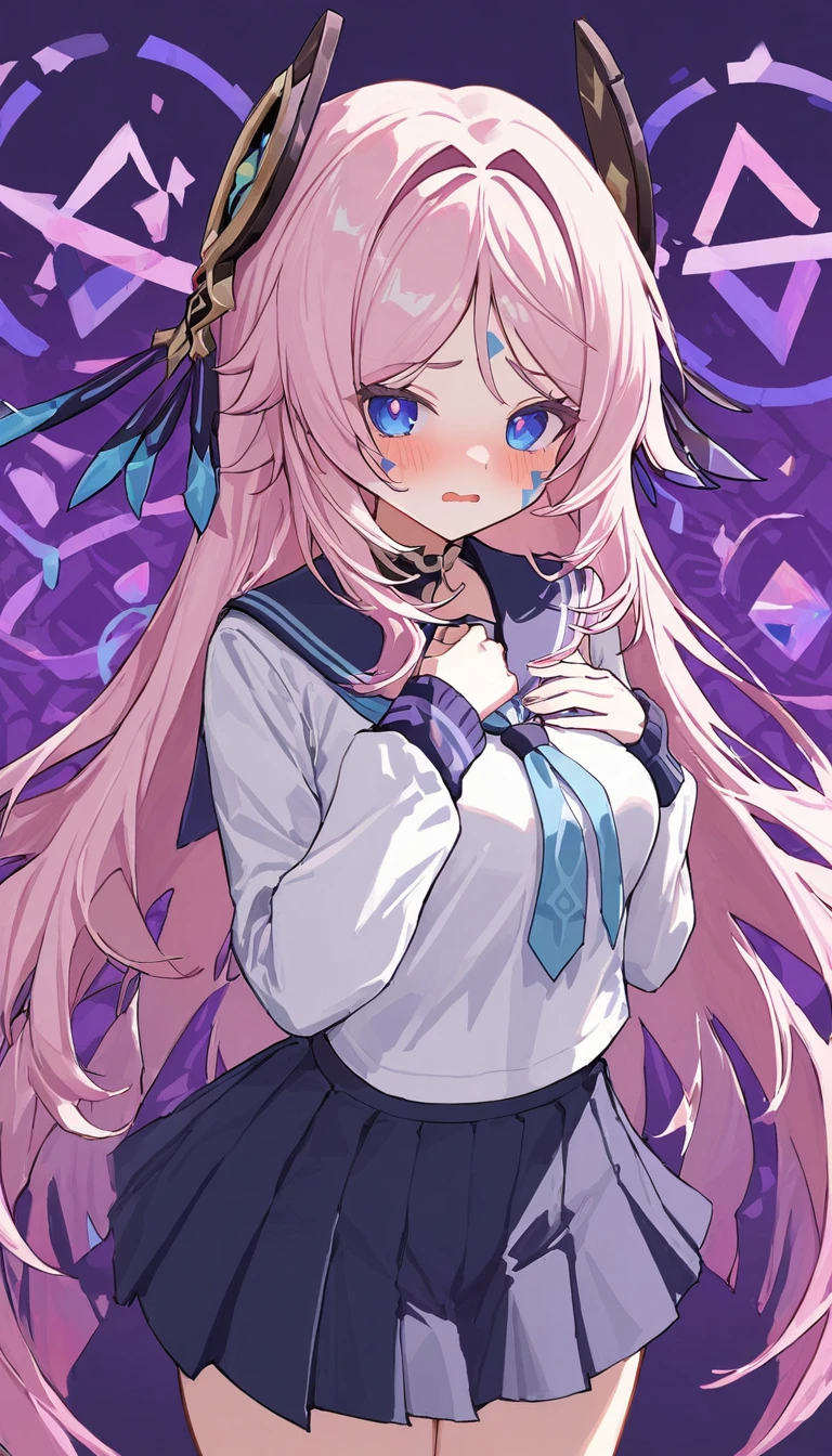 citlali ,シトラリ(genshin impact), 1girl,cowboy shot,embarrassed,(hands on own chest),pink hair, parted bangs, very long hair, hair down,braids,facial Mark, blue eyes, pink pupils,school uniform,Genshin Impact Style, AddXL,beautiful detailed, hyper detail, masterpiece, best quality, bright,citlali,purple Geometric background