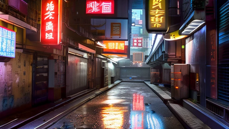 future, cyberpunk, kowloon walled city, underground, streets, dark, night, dirty, fusion