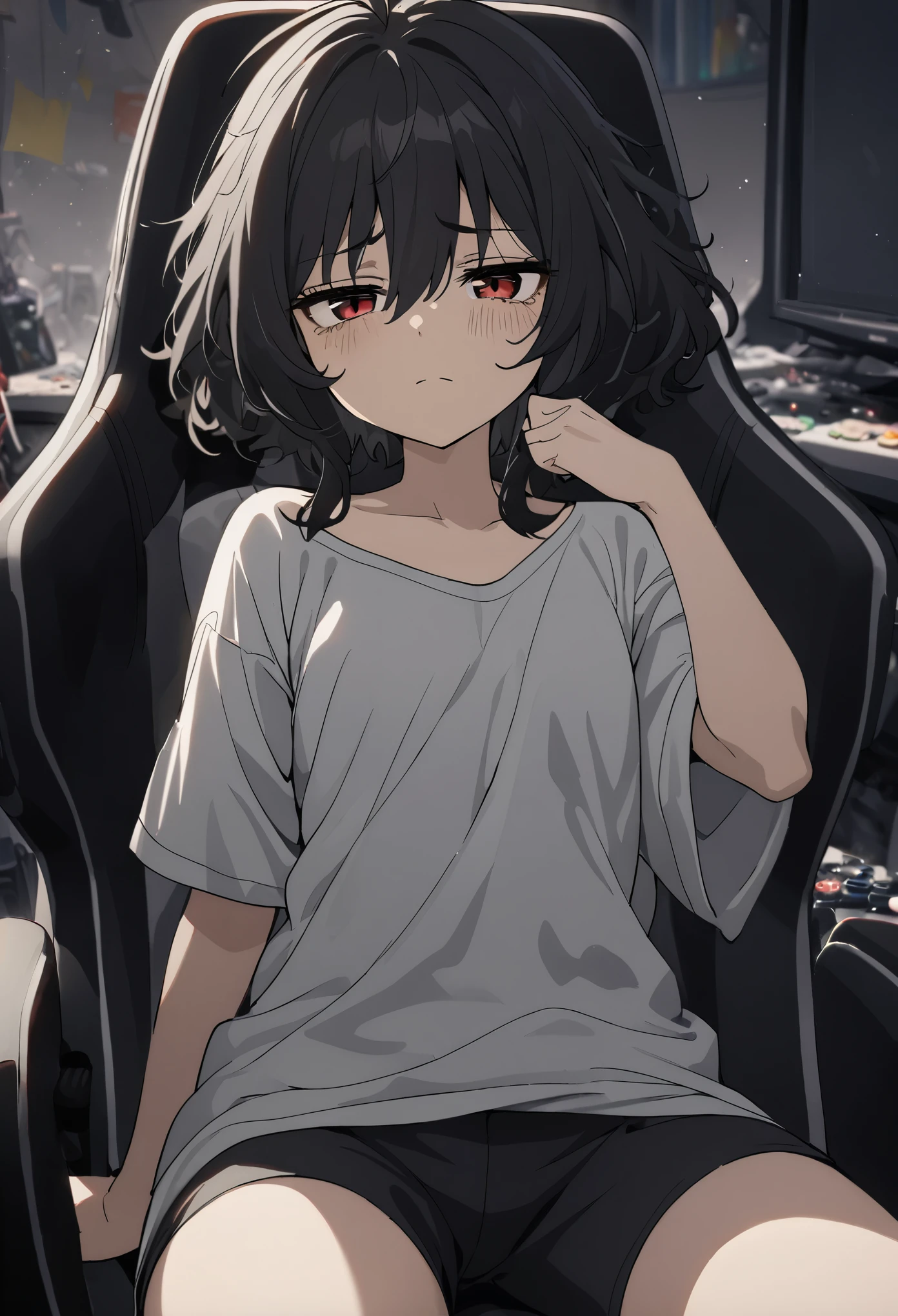 (high-quality, breathtaking),(expressive eyes, perfect face) 1girl, female, solo, mature, half open eyes, Alicization, Symmetrical Eyes, gentle smile, Short hair, SAO inspired, maomao, cowboy shot, medium full shot, short black hair, bangs, alluring red eyes, flat chested, long oversized baggy T-shirt, T-shirt hanging off shoulder, black white and gray palette, gray clothes, hair between eyes, fluffy wavy hair, half open eyes, small Ahoge, black hair color, messy room background, black shorts, sleepy face, rubbing one eye with hand, tired expression, bags under her eyes, looking towards viewer, HD, High quality image, dusty particles floating around, just woke up, tired face, (sitting on gaming chair)