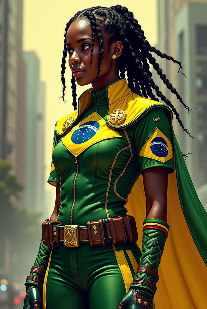Suoth african Woman south africa superhero suit south africa clothing black white green red yellow and blue clothes Flag of south africa afro hair black hair dark brown skin black eyes african background
