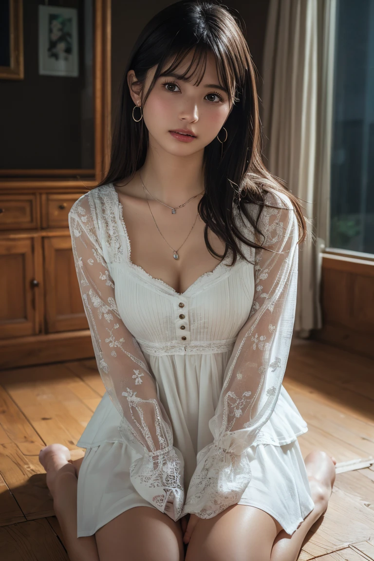High quality,tmasterpiece,超A high resolution,(Photorealsitic),(realisticlying:1.4),RAW photogr,1Kpop girl,kinsOO(Full body photo,inside in room,sit on chair,Legs crossed),Good looking face,Slim,Dignified,Small Fresh,(blouse with a white collar,black short skirt),ssmile,cabelos preto e longos,Beautiful hair accessories,Beautiful age girl,detailed scene, Beautiful digital illustrations, detaileds,ultra - detailed, Cinematic quality, (Beauty and aesthetics,big breasts beautiful),correct hand,anatomy correct, ((Open your legs,facing to audience))