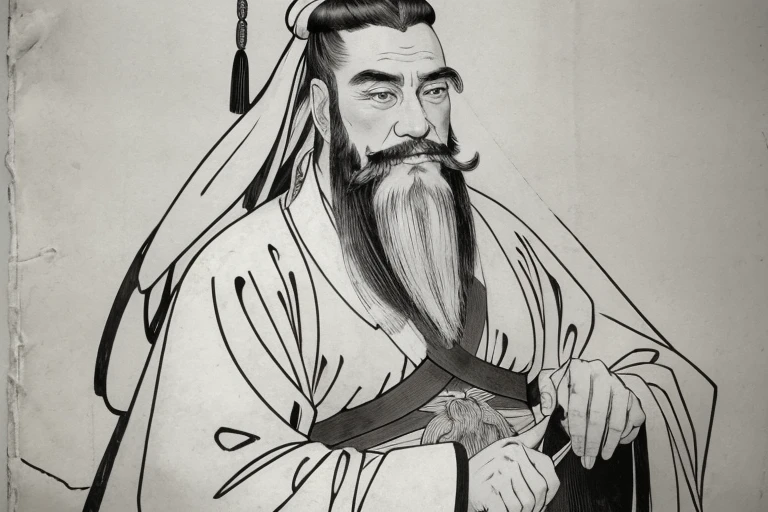 Monochrome、Man in ancient Chinese costume、ancient chinese hairstyle men、Three Kingdoms、Many warlords、Best Quality、masterpiece、Ultra-high resolution、(Realistic:1.4)、Game Poster、Vivid and beautiful image quality、White clothes with white hair、Long beard、Embroidered cloth wrapped around the topknot、