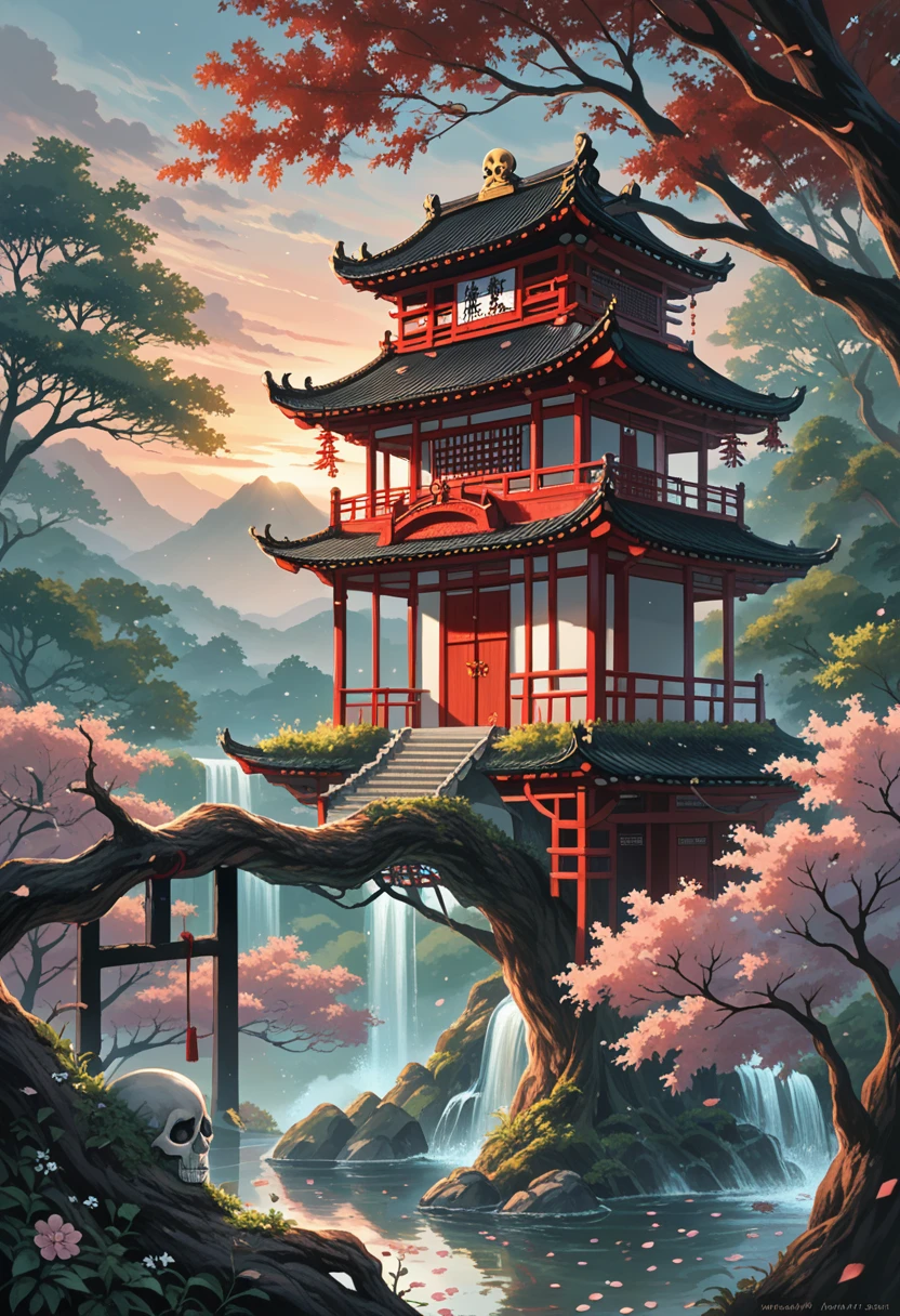 1girl, long hair, black hair, sitting on branch, tree, ancient tree, large tree, dusk, sunset, glowing sky, dark atmosphere, leaves, sakura petals, flowers, skull, mist, mysterious, pagoda, Chinese architecture, traditional buildings, silhouette, epic scenery, flowing water, intricate details, fantasy art, highly detailed, sharp focus, masterpiece, 8K, high resolution, dramatic lighting, moody lighting, epic composition, soft glow