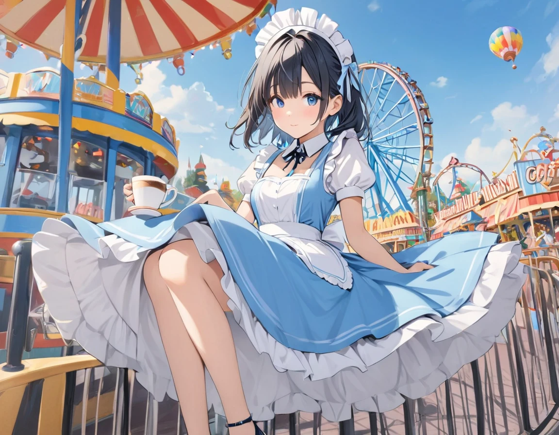 Blue maid outfit,Strap Pumps,Low heels,One Girl, Alone,amusement park,Ride on the coffee cup