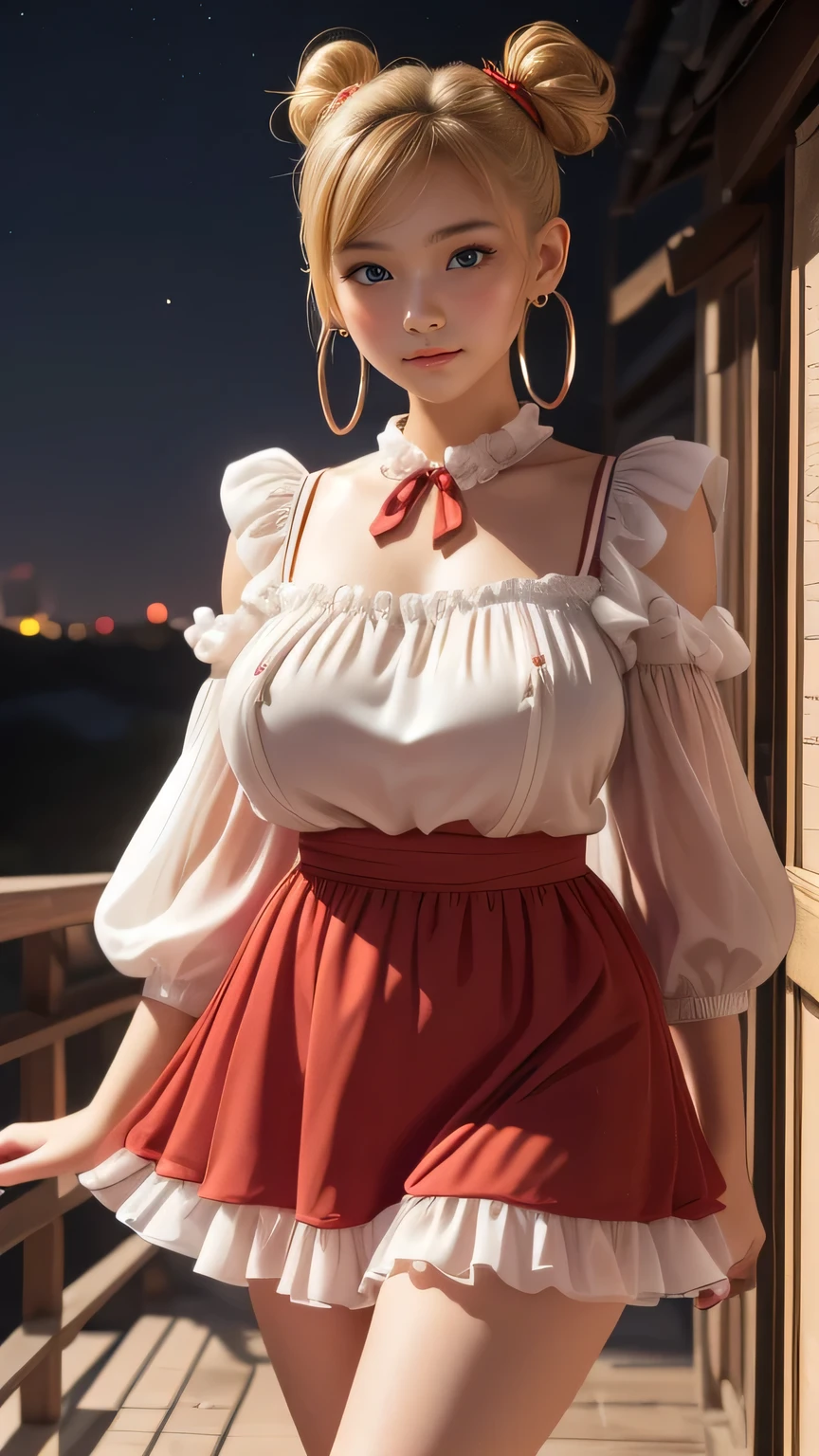 ((-ye, Blonde short hair((double buns)), ((chiffon, puffy sleeve mini dress, red)), Accessories ((Ribbon Hair Band, earrings)), huge tits:1.3, huge-breasted, Korean Makeup Look, castle, night sky, Smiling expression, standing, cowboy shot:1.3, head to thigh,