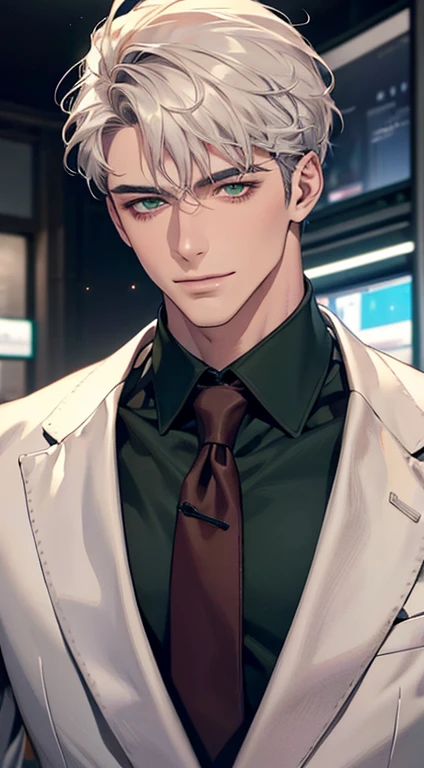 (best quality, masterpiece, 8K, photorealistic, cinematic lighting, hdr image, ultra detailed, beautiful image), 1 man, 31 years old, mature man, very handsome, (without expression, smile), short white hair, purple eyes ( penetrating gaze), perfect face without errors, imposing posture, without errors, businessman, office background