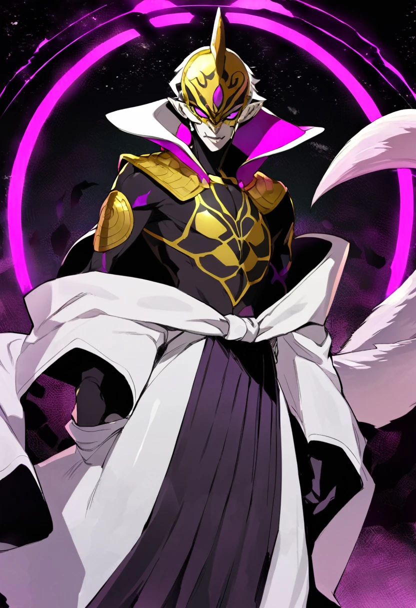 male snake man, light purple hair to waist length, purple eyes, white mask on the right side of the face, red eyes on the mask, cloak, purple and white snake tail with yellow border, pointed ears, few purple scales on the belly and arms. gold ring on the waist, smiling