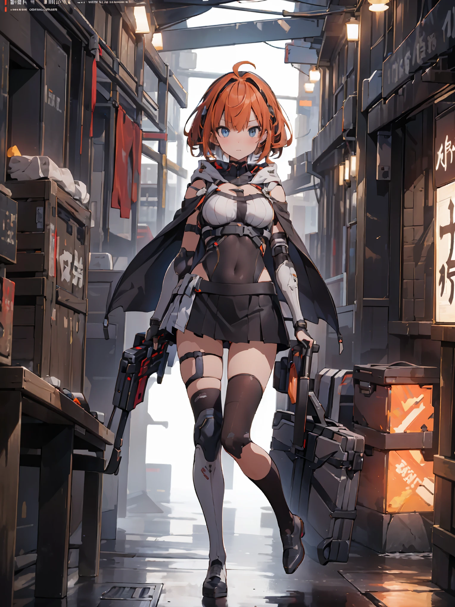 One young girl , An adult face with attention to detail, Orange short hair , blue eyes , Exposed breasts , Black Cape , White chest binder , White hood ,Short skirt , gloves,  left foot knee socks  , boots, high res, Ultra-clear,  She stands confidently at the center of the poster Wear futuristic cyborg-style costumes that are ，流行最先端のサイボーグ風の未来的なCostumeを着る， she has a determined expression on her face ,  standing alone with a sci-fi sniper gun  , sci-fi city,  The background is dark and rough ，Danger and strong emotions 。The article  bold and eye-catching，With a catchy slogan， added overall drama and passion 。 The color palette is dominated by dark tones ， the brightly colored poster 、 dynamic and visually impressive :1.3), (Cover Style:1.3), fashion, Vibrant, Costume, Strike a Pose, Front, Rich colors，With background，Element， confident ，express，Halter，statement，attachment，Majestic，coil，The surrounding area，Touching the genitals，scene，article，cover，Boldness，Get noticed，title，Font，， highest quality and best ，Hyper-detailing，8k ，Hyper HD