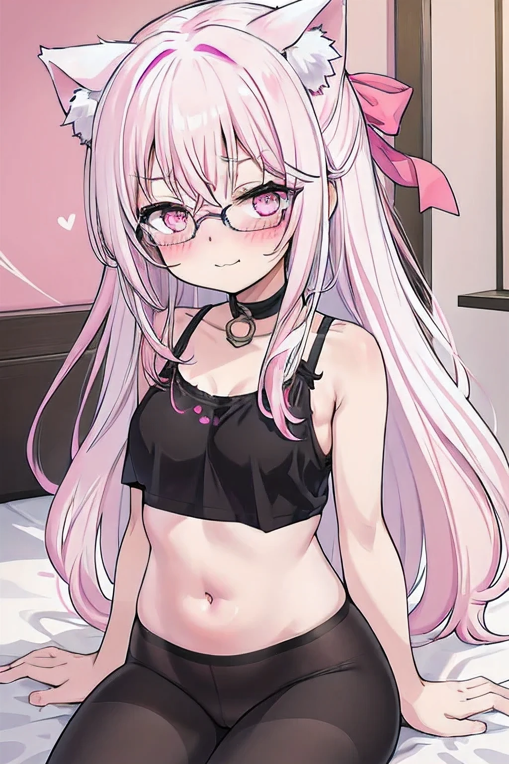 I have white pink hair, cat ears, a bun, my face is super blushing, black glasses, pink heart eyes, and if you could, in lingerie, black stockings, a cat's tail, a very shy girl, that you are lying on your bed how suspicious it is very small