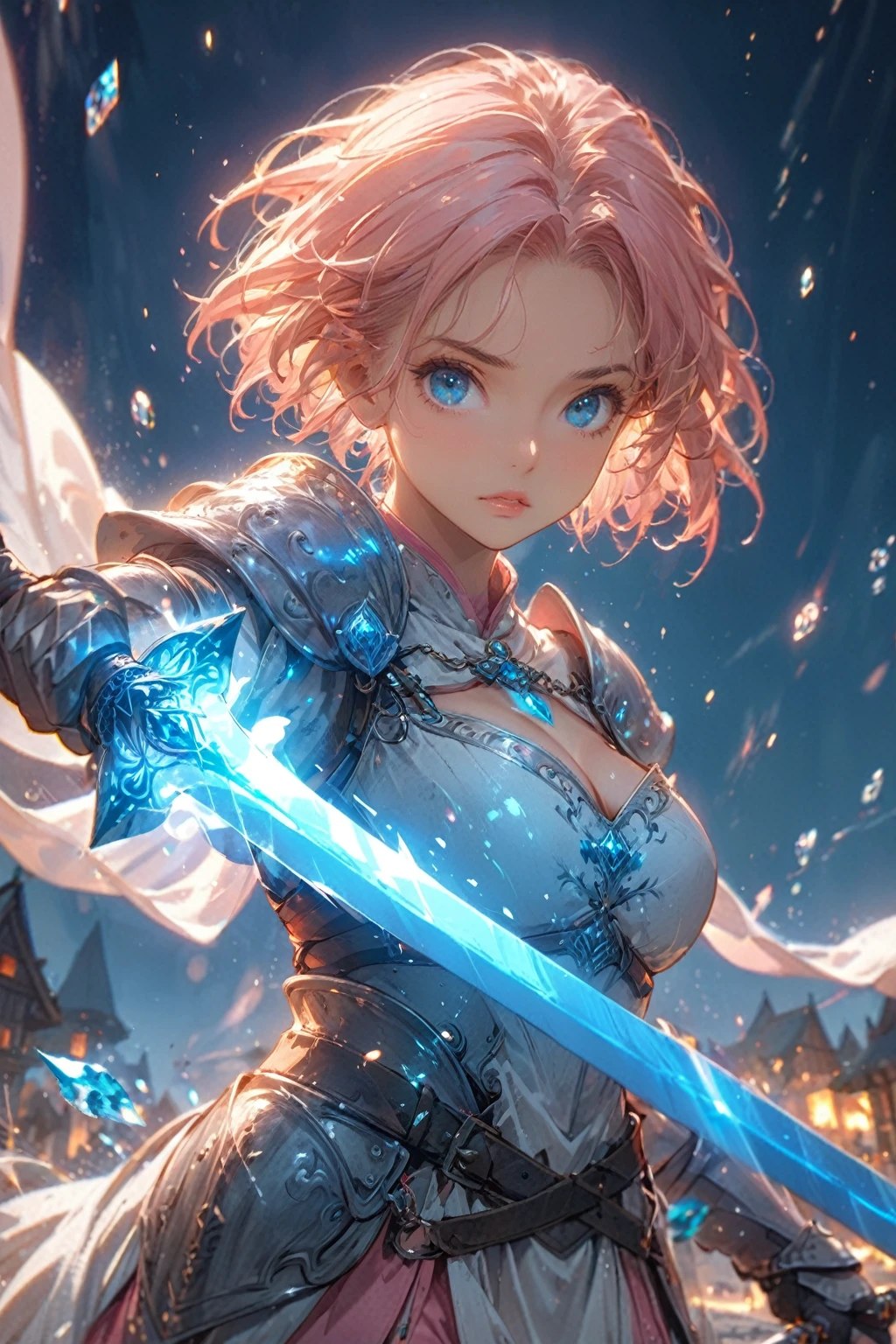 masterpiece, best quality, rpg character art, epic fantasy art style, high detail, intricate details, ultra high resolution, sharp focus, HD, 8k,
1girl,solo,cute,(((pink short hair, crystal blue eyes ))),22year old woman, big breast,cleavage,
serious and mature demeanor, focused in battle, rushing to a battle, using her wind based powers, super powers, wrapped in wind, full body fantasy concept art,,fantasy medieval style clothes ((very light armor, sword at her waist)),
attire is modest but feminine, clear facial features, clear details, background is a medieval fantasy village, moving towards viewer, Chinese style,
at night,starry night,