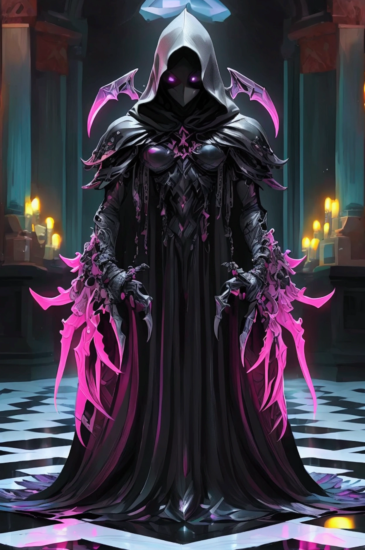 glossy iridescent checkered floor, there is a hooded figure coming out of the center. the hooded figure has dagger like claws that have a glowing pink and black checkered pattern on them. black background.