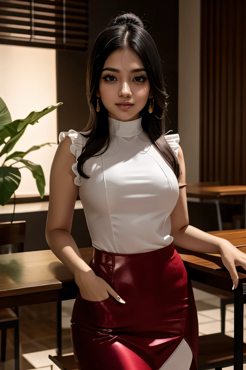 Half body portrait, 8k , plae skin asian ( korea+ Burmese)mixed girl , wearing red dress and diamond necklace and ,acmm ss outfit, wearing acmm top, light purple acmm top, short sleeves, buttons, wearing acmm long skirt, white and pink with printed acmm long skirt ; wearing Burmese thanakha on the cheeks