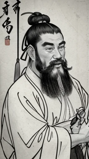 whole body、Monochrome、Man in ancient Chinese costume、古代中国の髪型でEmbroidered cloth wrapped around the topknot、Three Kingdoms、Many warlords、Best Quality、masterpiece、Ultra-high resolution、(Realistic:1.4)、Game Poster、Vivid and beautiful image quality、White clothes with white hair、Long beard、Embroidered cloth wrapped around the topknot、