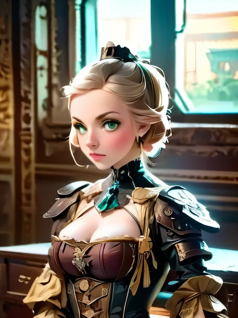 rembrandt lighting, (masterpiece:1.2), (photo realistic:1.2), (highest quality), (fine skin:1.3), (intricate details), ray tracing,blonde girl, 28 years old, fine skin texture, (blush:0.5),green clothes,devil,Enamel clothes,smile,The whole body is shown