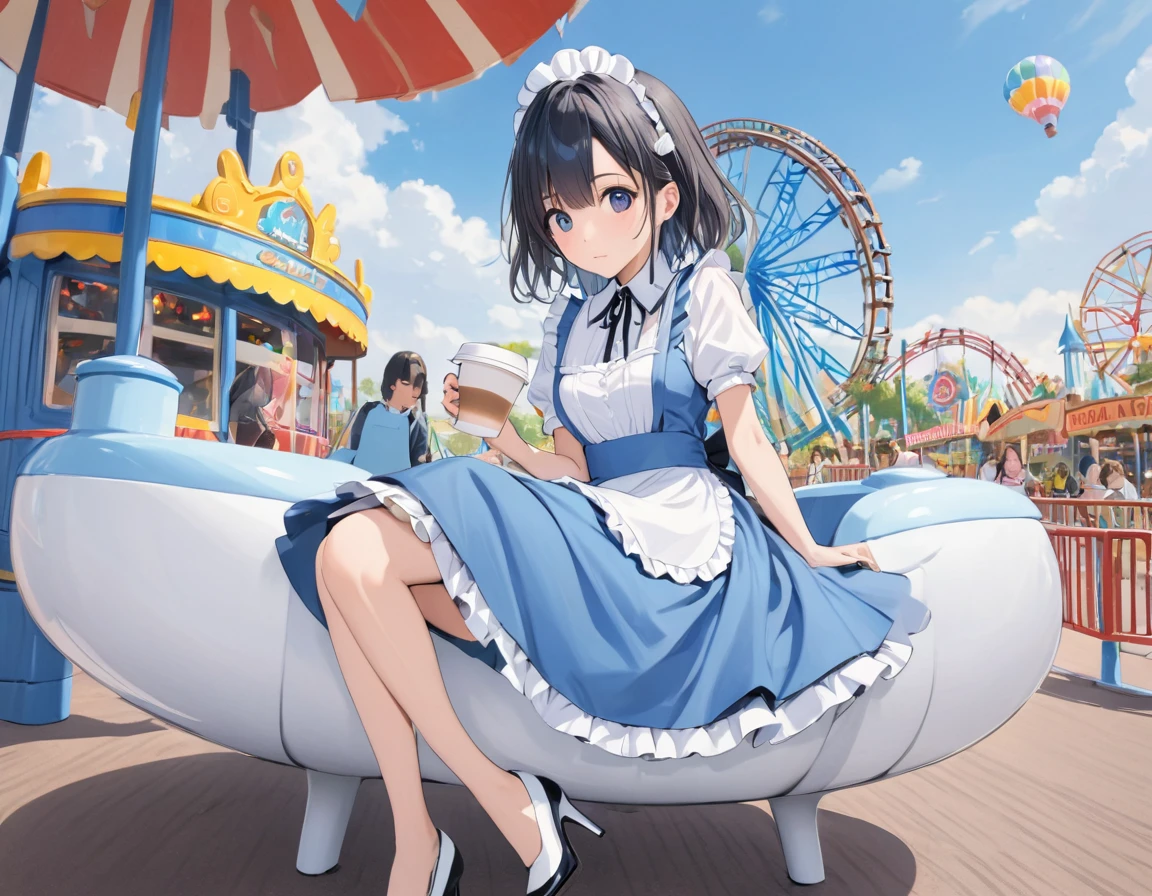 Blue maid outfit,Strap Pumps,Low heels,One Girl, Alone,amusement park,((Ride on the coffee cup))