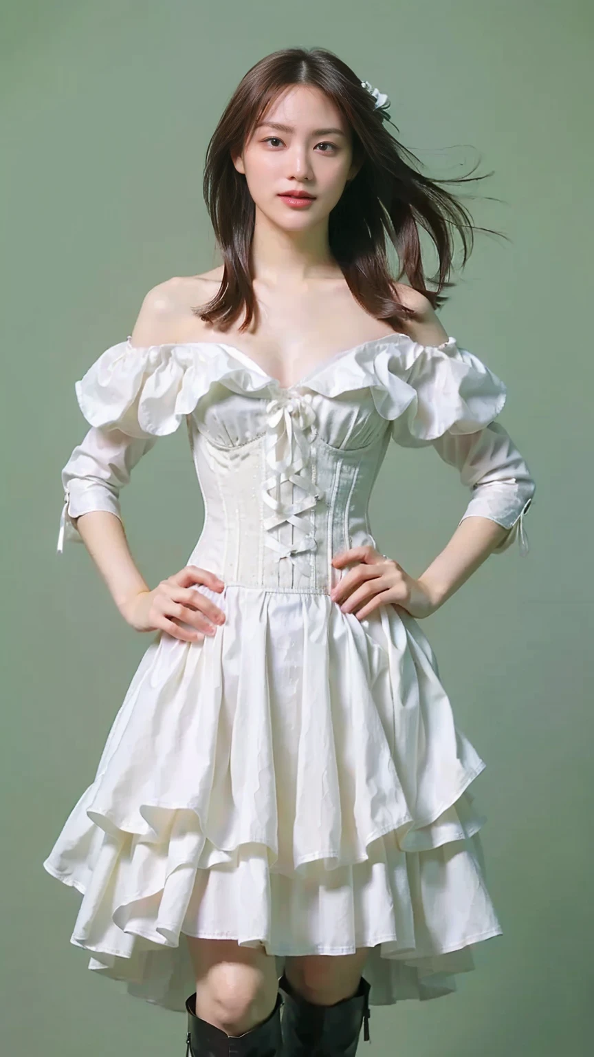 (8k、RAW Photos、Please redeem、masterpiece:1.2)、(Realistic、Realistic)、1 person、((White Dress、smile、Off the shoulder、corset、Cleavage、Big ribbon on the waist、、boots、View、Looking into the camera、Green background、Stand with hands on hips))、cute