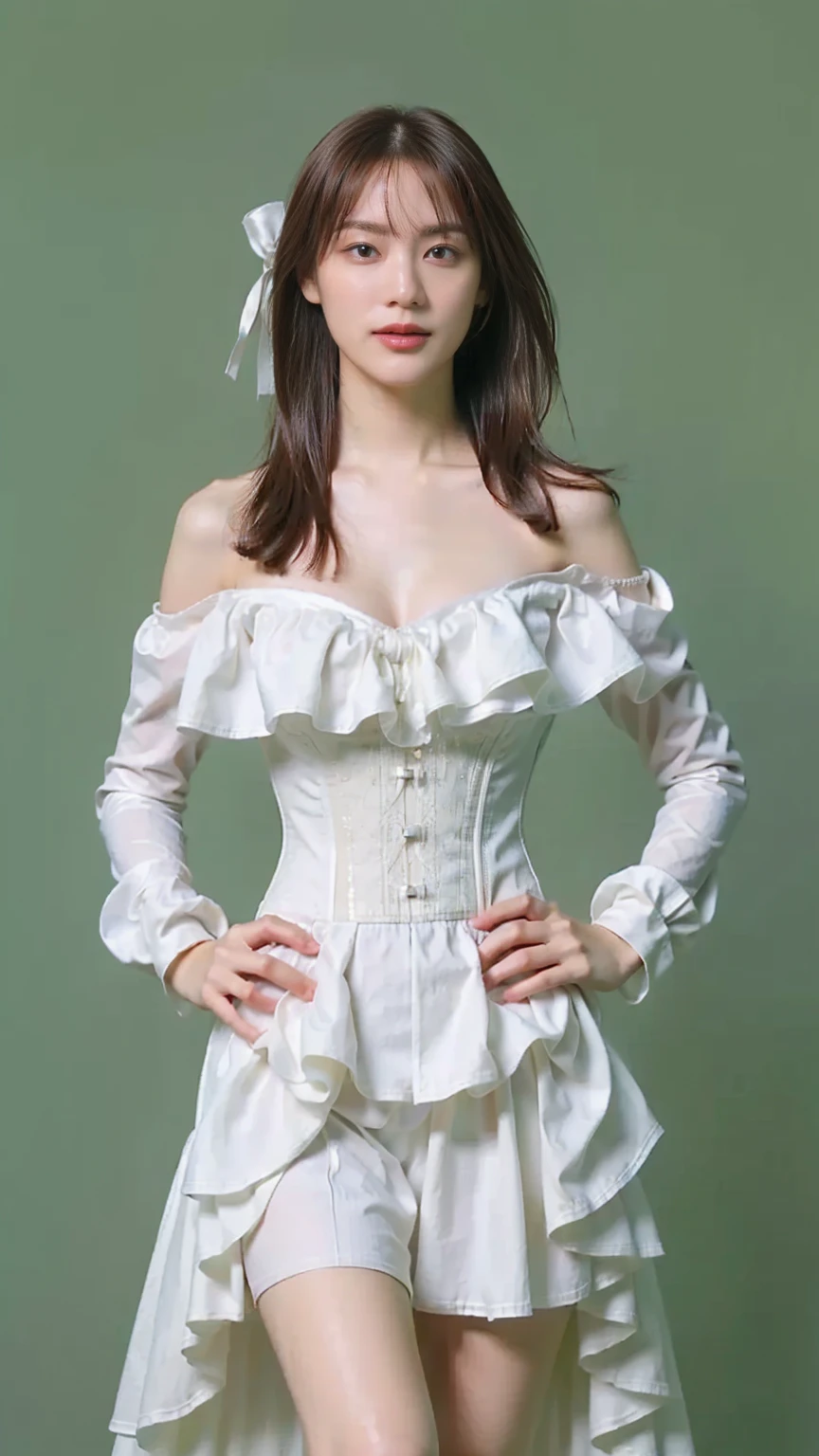 (8k、RAW Photos、Please redeem、masterpiece:1.2)、(Realistic、Realistic)、1 person、((White Dress、smile、Off the shoulder、corset、Cleavage、Big ribbon on the waist、、boots、View、Looking into the camera、Green background、Stand with hands on hips))、cute