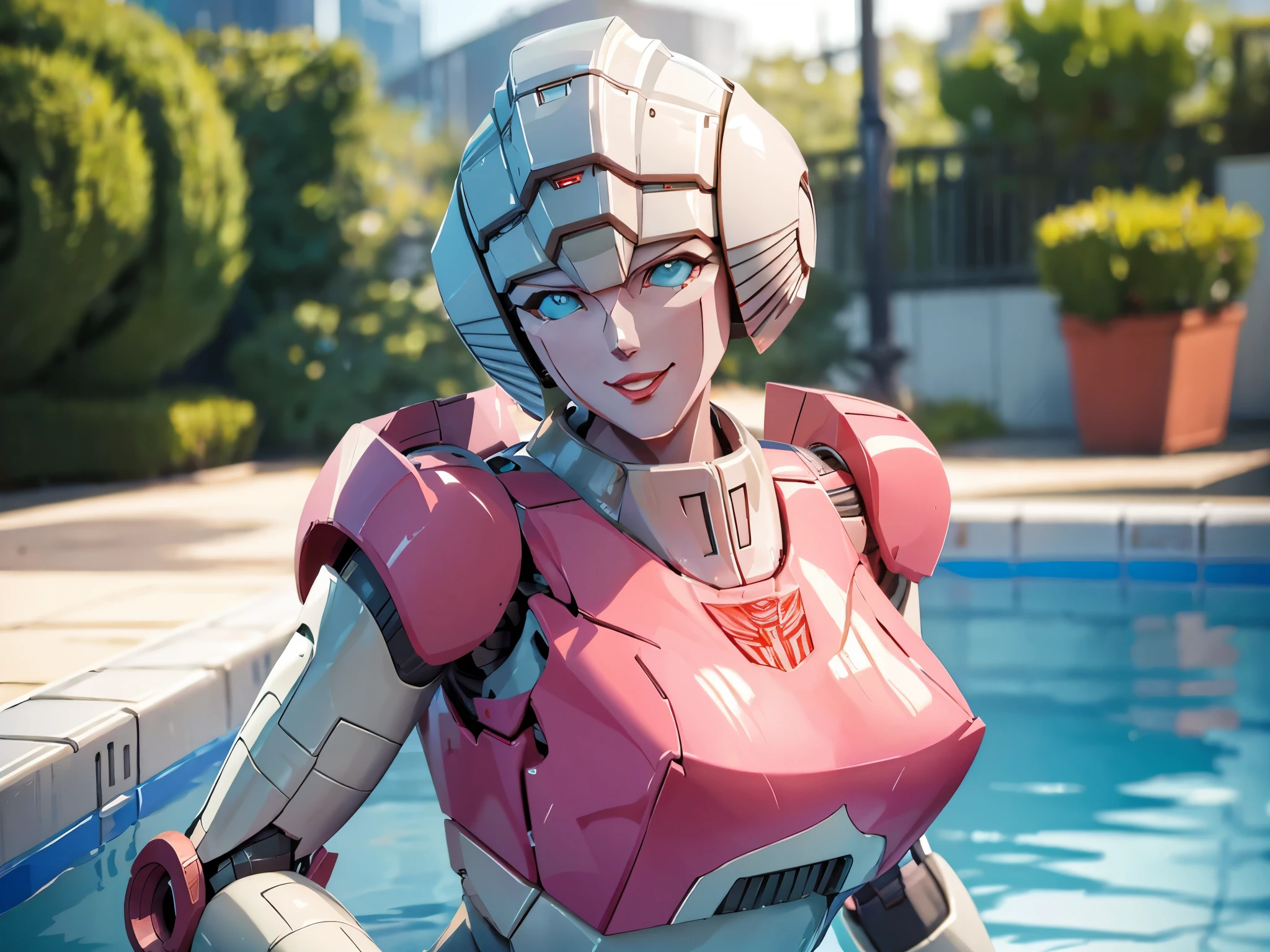 arcee_g1, robot, mecha, autobot, sexy pose, in a swimming pool, seductive smile, perfect hands