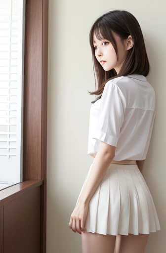 彼女は細身で痩せたスレンダーな日本の美女is。
Very small breasts、Small and flat chest、Small Ass、is。
 high school uniform 、White blouse、 wearing a dark blue short pleated skirt 。
 The camera films her from directly below so that her butt and white panties can be seen。
Her white panties and butt are visible 。