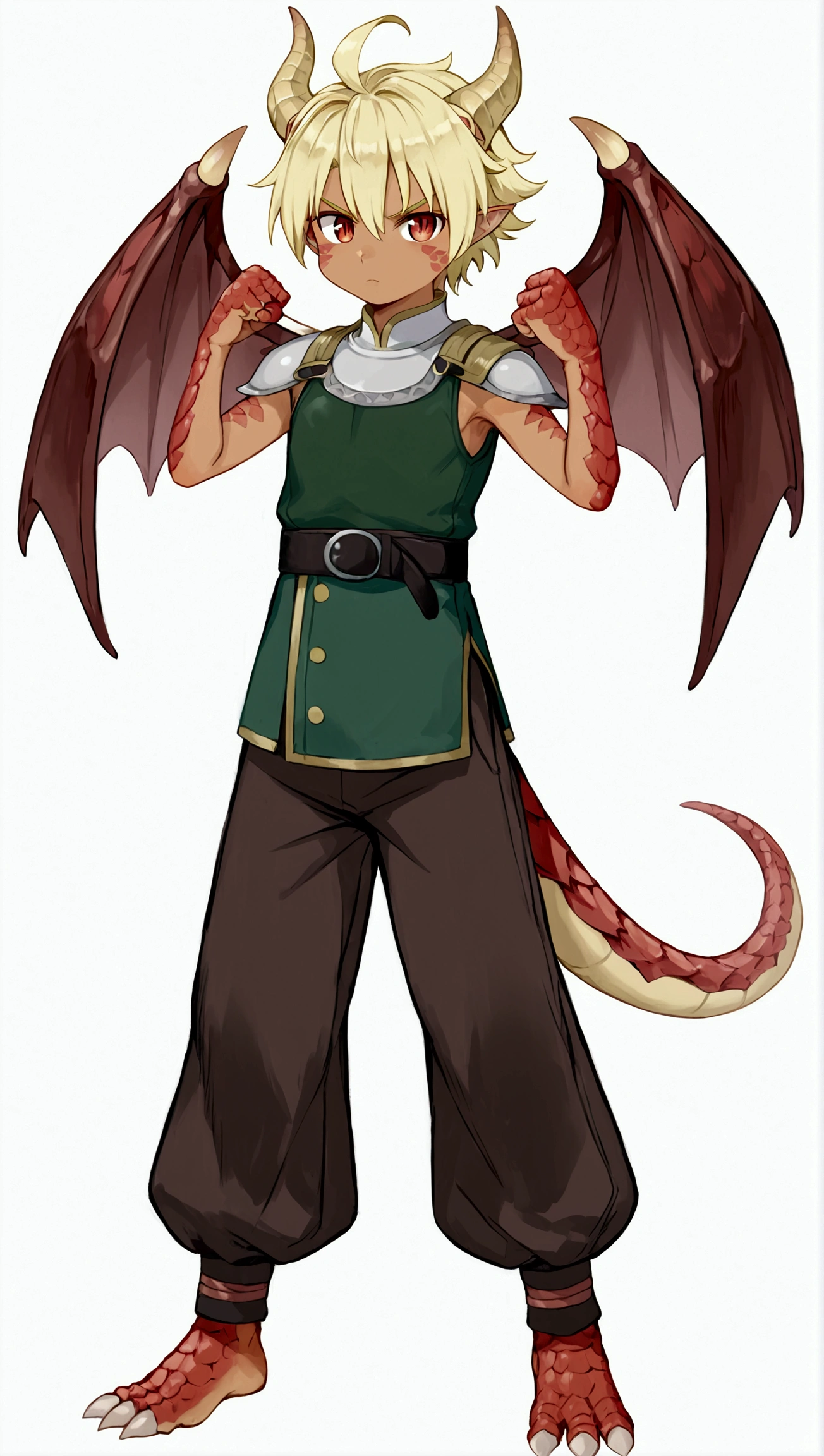 (masterpiece, best quality), (full body:1.2), (standing), (small fighting elven 1boy:1.2), (ultra quality skin:1.2), 1boy, solo, (shota), (boy_shota), dragonkin, pointed ears, slit eyes, dragon horns, dragon wings, dragon tail, scaley skin (scales on upper arms, scales on arms, scales on legs), dragon claws, dragon legs, dragon arms, dragon hands, dragon talon feet, femboy, blond hair, tan skin, beautiful and detailed face, detailed eyes, red eyes, serious expression, scowl, full view, white background, plain background, swordsman's clothes (tunic, simple breastplate, baggy pants, belt)