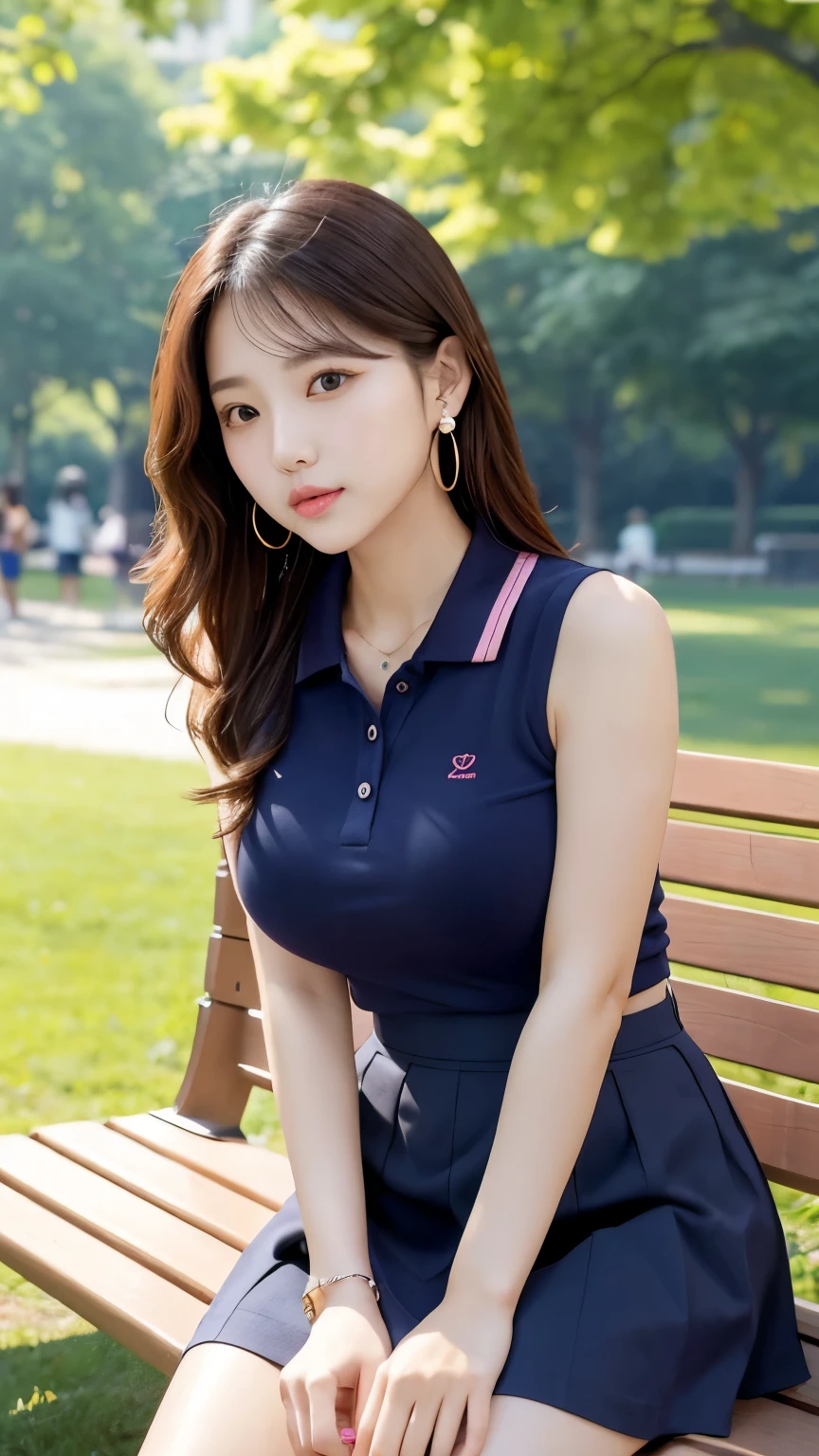 (Expands to the shape of the bustポロシャツがセクシー)),(((Shiny red polo shirt))),((The fabric of the polo shirt is thin and clings to the body.)),((Sitting on the steps of a park with legs slightly apart)),((Button up your polo shirt)),Japanese female college student,(((Slender figure,Narrow shoulders and chest))),((Tight mini skirt,The skirt is very short)),((Belly button exposed)),((Panties are slightly visible,The color of the panties is light pink.)),(Slits on both sides of the skirt),(((No bra))),((((The size of the polo shirt is small and tight,Expands to the shape of the bust)))),((((The bust protrudes sharply forward)))),(((Young and firm bust))),(((The bust is large))),(Deep cleavage),Trained abdominal muscles,(Toned waist crimp),Muscular body,Firm Bust,Muscular bust,(Great style),(((Upturned breasts,Beautiful breasts with a nice shape))),((The polo shirt is slightly convex around the nipples.:1.2)),((((A polo shirt that looks like it&#39;s going to burst because of the bust,The button seems to fly off)))),(Short hairstyle,Brown Hair),,(A straight, clear nose,Small nose),(The nostrils are vertically long,The tip of the nose is sharp),Sparkling Eyes,(smile),Perfect teeth alignment,((Cameltoe is clear)),(Emphasis on realism),(Highest quality,High resolution,8K),NSFW,((A polo shirt with bumps and grooves in the shape of your bust)),((((She leans back and pushes out her chest to show off her bust)))),