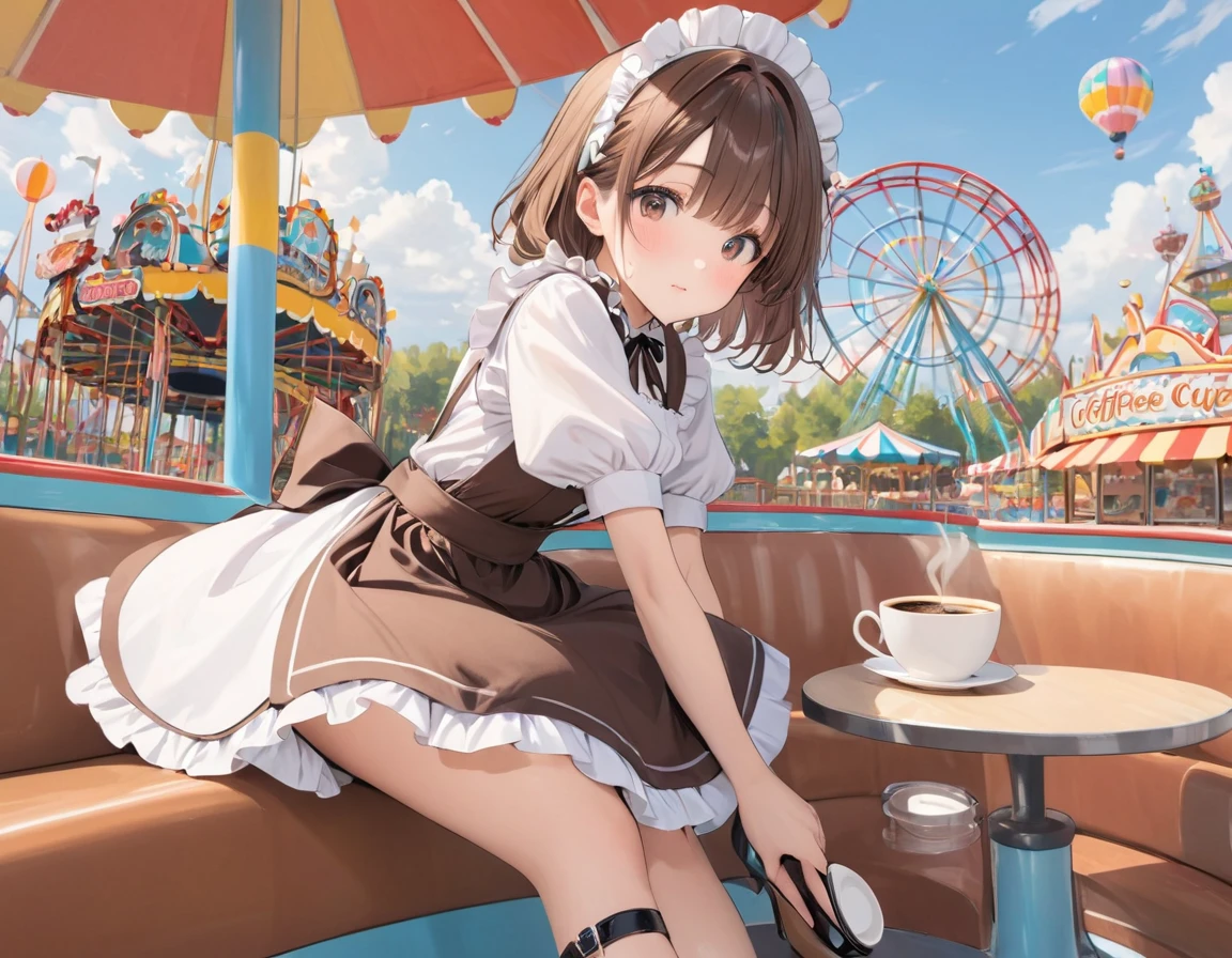 Brown maid outfit,Strap Pumps,Low heels,One Girl, Alone,amusement park,((Ride on the coffee cup))