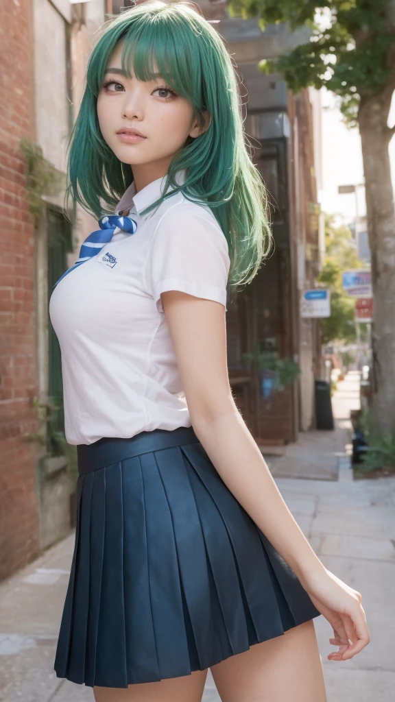 (masterpiece,Highest quality,High resolution,Line art,Anime Style:1.2),(One high school girl:1.2), ((White polo shirt), (Short navy blue pleated skirt, Plaid), (White cotton panties),(White sneakers),(White socks)),(Smiling happily, showing his teeth:1.3),(Straight long hair swaying in the wind,Light green＋Light blue hair,Natural Makeup, Eyelash extensions, Make your eyelashes thinner and longer:1.3),(Cowboy Shot:1.3),(16 year old Japanese girl:1.2),(Clothes that look good:1.2),(School corridor:1.3), The subject is seen from below, (The wind blows her short skirt up, exposing her panties, White cotton panties:1.3), (Random poses with legs apart:1.3), (Place your hands behind your head:1.3), (Thick thighs:1.3)