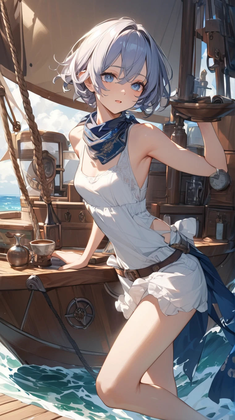 (Master masterpiece、top-quality、top-quality、Official art、Beautiful and aesthetic:1.2),Train,teens girl, Summer, 细致背景、Nature、Arm up、Smiles、cute little、Mysterious、mysterious background、chee、Shy face、small tits、A slender