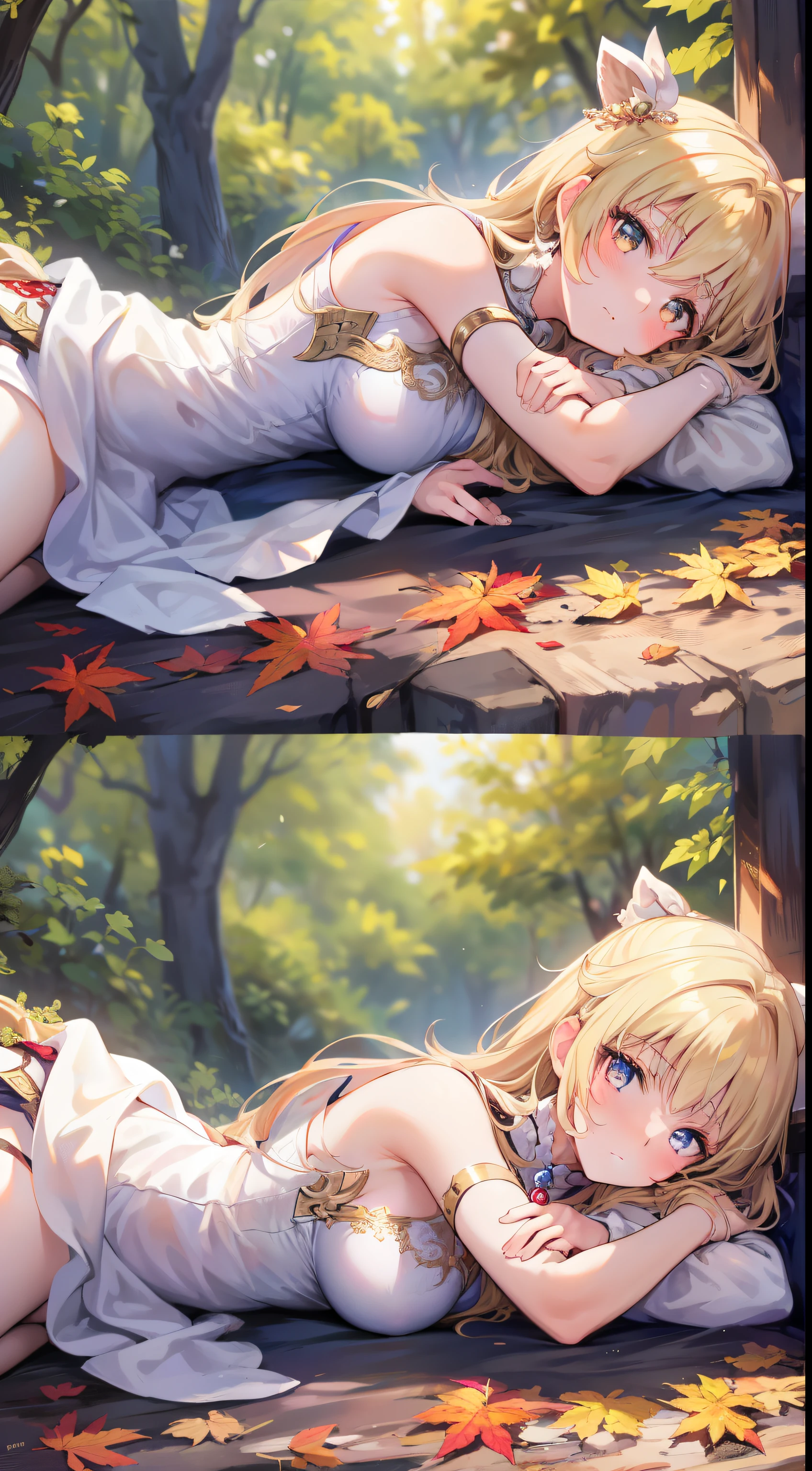 （tmasterpiece：1.2），Best quality at best，perfect anatomia，The is very detailed，1girll，Solo, A high resolution，absurderes，tmasterpiece，looking at viewert，Character Spotlight，A BLOND-haired，Golden eyes，A girl lying on her side with her face resting, looking ahead in an autumn forest, dressed as a goddess, surrounded by many fairies. In the style of Genshin, with long blonde hair, lying in an autumn forest, wearing a Greco-Roman goddess outfit, giving off a Thanksgiving vibe.



