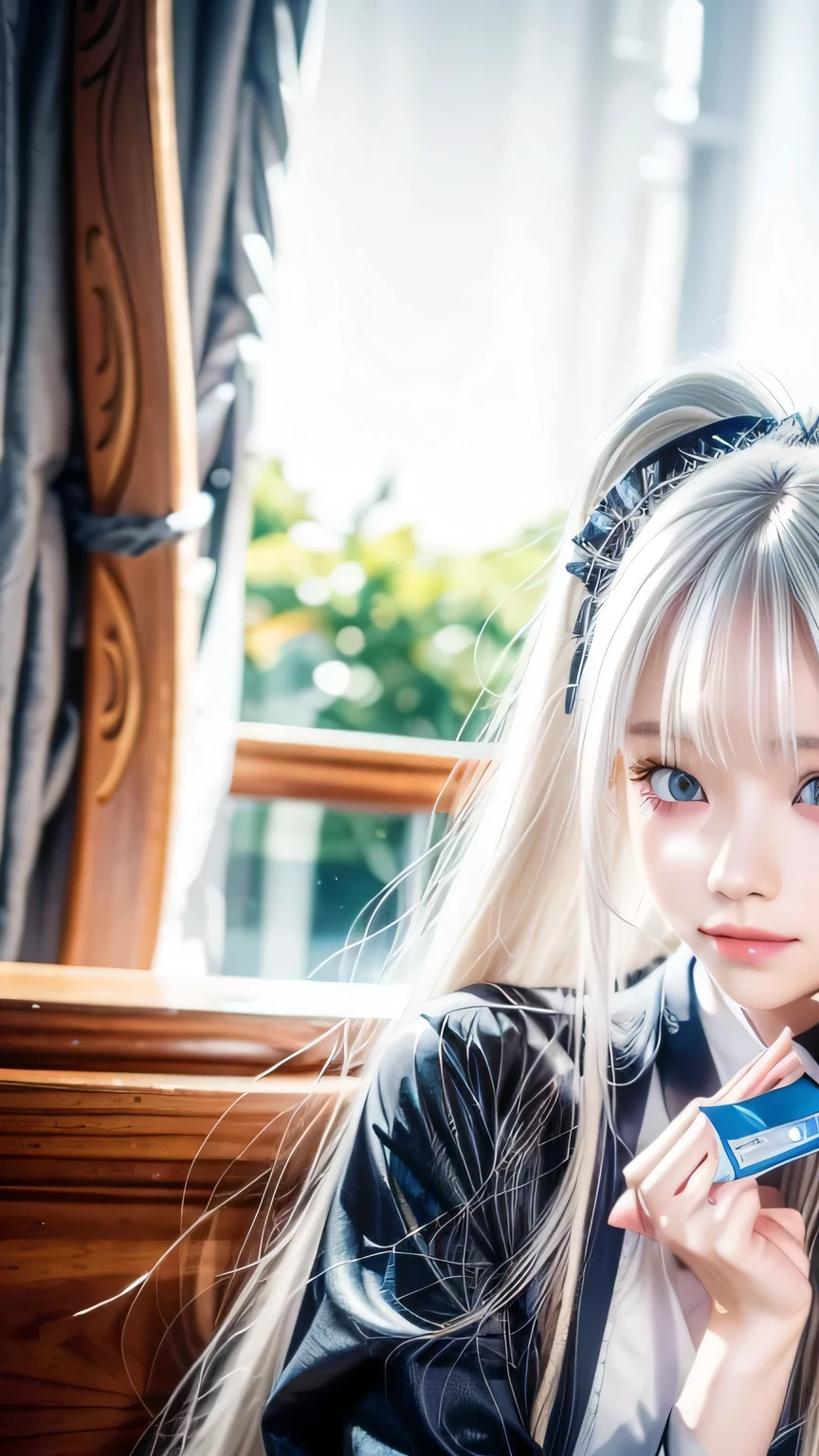 platinum blonde hair is super long, straight, stringy hair、Polate、School uniform、Bright expression、 ponytail、 young, white and shiny skin 、Great looks、Shiny bright hair、Shiny, beautiful bangs、double eyelid、Eyeliner、 clear, big blue eyes ,It shines with enchanting light 、Small Face、 very nice cute cute 18 year old Eastern European girl 、 big bust