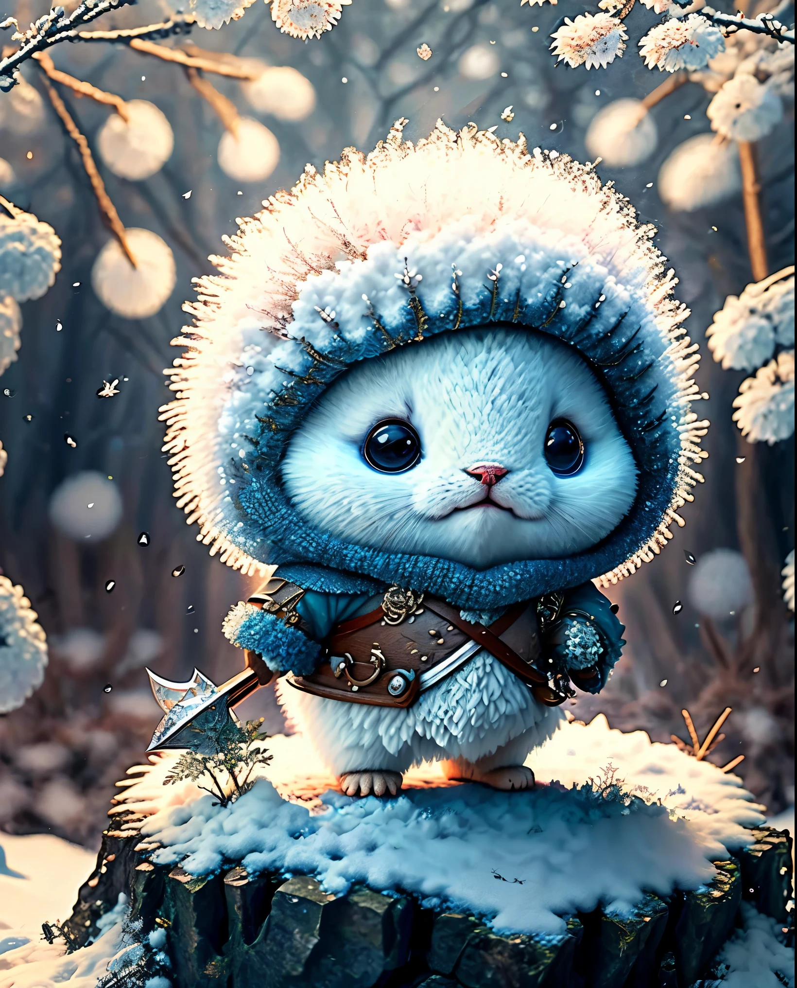 Best image quality、" cute creatures with swords and shields in their hands. Ermine、（The location is the forest）,The season is winter、  detailed , In 8K、Best image quality、Dressed as an adventurer、 holding an axe in his hand、medieval adventurer costume 、(((Cute)))、