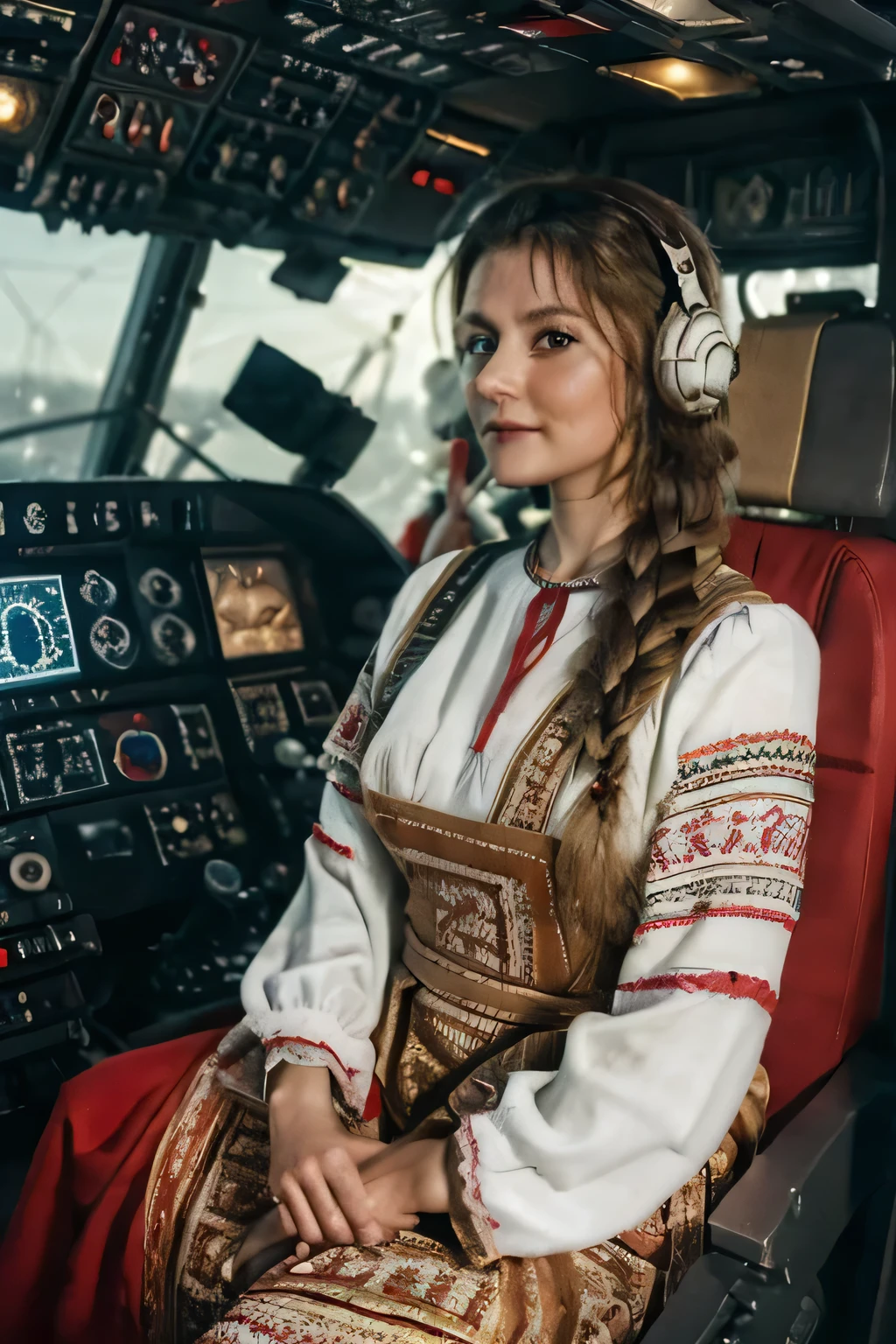 Russian girl in traditional Slavic attire sits in the cockpit of a spaceship at the helm and pilots like a pilot in Star Wars, intricate details, photorealism, 8k, dramatic lighting, dynamic action, cinematic composition, masterpiece, --v 2.1