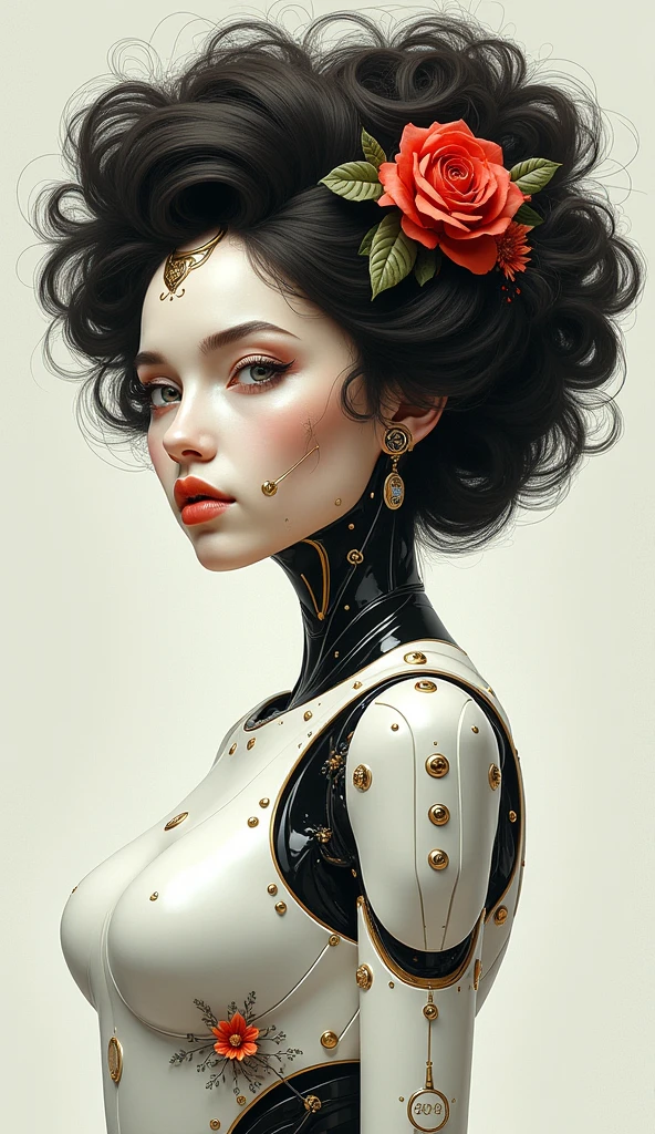 (white android with super beautiful female body, afro hair, robot face, flowers, symmetry, perfect face, intricate, elegant, highly detailed, digital painting, artstation, concept art, smooth, sharp focus, illustration, art by artgerm and greg rutkowski and alphonse mucha, 8 k