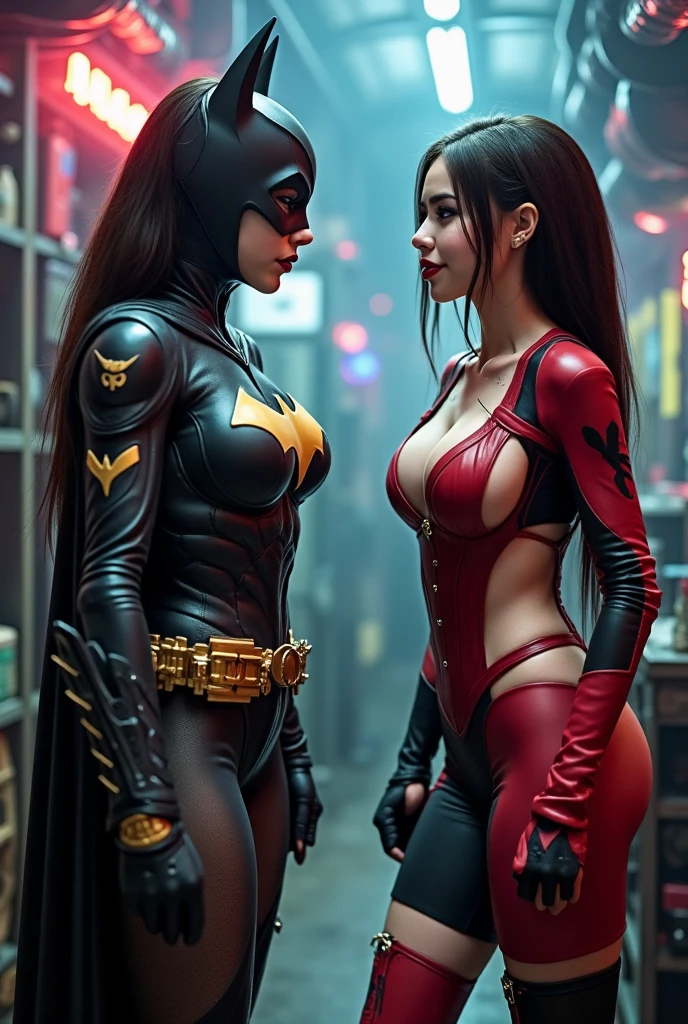 (complex two subjects) best quality,4k,8k,highres,masterpiece:1.2),ultra-detailed,(realistic,photorealistic,photo-realistic:1.37),(Sofía Vergara as the sexy Joker. With her alluring charm, she embodies the mischievousness and playfulness of the character. Her eyes captivate with their mesmerizing gaze, drawing you into her world. Her detailed lips, slightly parted in a seductive smile, add to her allure. (Sofia has Iconic Joker makeup, iconic Joker hair dye, and insane sexy hair))(subject 2), Kelly Hu takes on the role of Harley Quinn, exuding a distinct sense of craziness and mischief. She flirts with danger and steals the spotlight with her flirtatious expressions and exaggerated gestures. Her vibrant makeup and colorful hair reflect the colorful chaos that surrounds her. The scene is set in the immersive world of Gotham City, with its dark and brooding atmosphere. The city skyline, illuminated by the neon lights of the Joker's antics, creates a haunting backdrop. Both characters are armed with Joker weapons, showcasing their dangerous and unpredictable nature. Sofía Vergara wields an intricately designed weapon, showcasing her power and control. Kelly Hu's weapon complements her wild and unpredictable personality, adding an extra touch of chaos to the scene. The color palette leans towards vibrant and bold hues, reflecting the flamboyant and larger-than-life personalities of the characters. The lighting is dramatic, casting shadows and highlighting the characters' features, adding depth and intensity to the scene. The resulting image is a high-quality masterpiece that captures the essence of these two iconic characters, bringing them to life in a visually stunning and immersive way. (show both women, full body shot, head to toe)