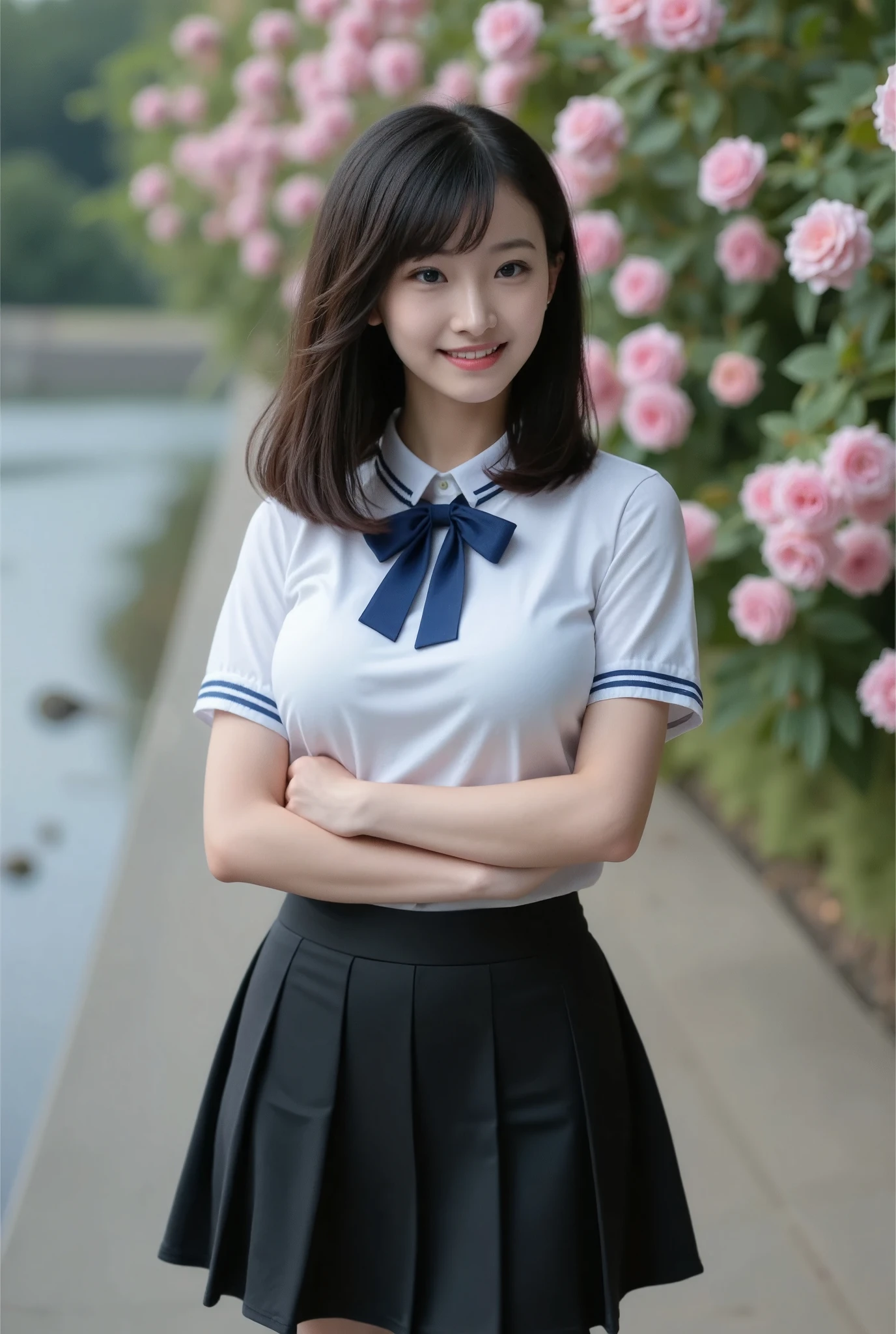 Realistic photograph, Portrait of a high school girl with shoulder-length hair, tied with a blue bow, wearing a traditional Thai school uniform, a white short-sleeved shirt and a black skirt, standing by the water. She looks at the camera, has a charming, captivating smile, her arms are crossed and she seems to be enjoying the moment. The background is covered in flowers, suggesting that it may be a park or recreational area near the river.