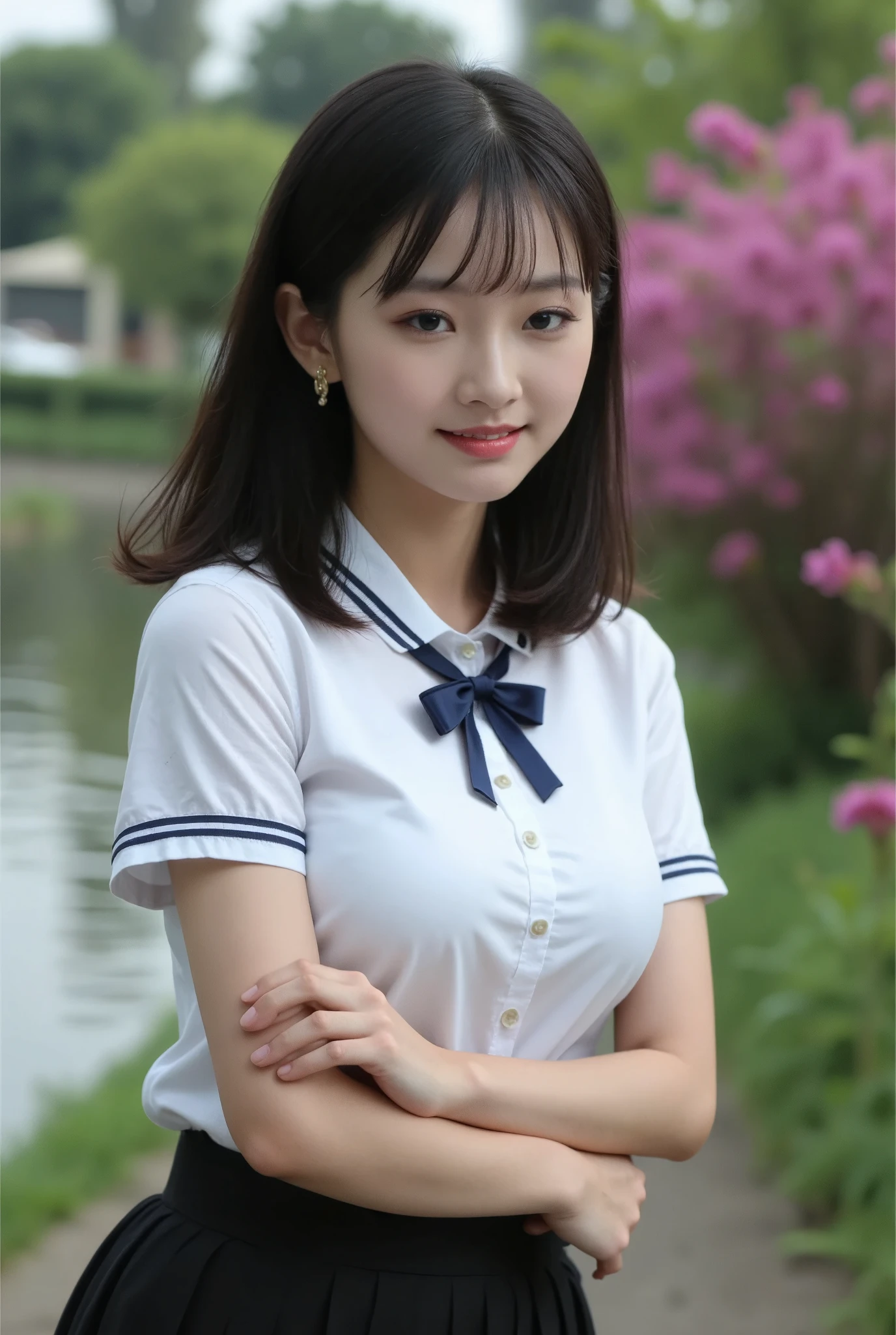 Realistic photograph, Portrait of a high school girl with shoulder-length hair, tied with a blue bow, wearing a traditional Thai school uniform, a white short-sleeved shirt and a black skirt, standing by the water. She looks at the camera, has a charming, captivating smile, her arms are crossed and she seems to be enjoying the moment. The background is covered in flowers, suggesting that it may be a park or recreational area near the river.