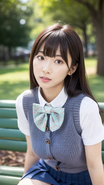 Best Quality,Super detailed,masterpiece,Hentai Realism,Photorealistic,Bright lighting,One girl, Very beautiful girl, (Cute:1.2),A faint smile, ( Brown Eyes ),(Brown hair),(With bangs), perfect shiny skin,Perfect Skin,((erotic,Sexy and sexually explicit)),((Accurate Pointer，There is no contradiction)),  viewers,(((Short sleeve white collar shirt, Bow tie))),( red tie ),( blue mini pleated skirt), (((Knitted vest)))、socks, (黒のニーsocks),(Loafer shoes),Thick lips、(Oval Face)、Even bangs、With bangs眉毛を隠す、((33-year-old woman))、(((Long Hair)))、Hair blowing in the wind, (Black Hair, Iris, Watery eyes, Shining Eyes), Hair behind the ear、(Droopy eyes)、 White Shirt, Sit with your knees bent、Beautiful legs 、Sitting on a park bench、 As If You Were Looking Up From Below 、Embarrassing, be careful when reading ,