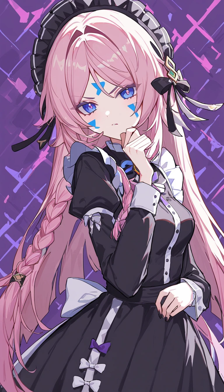 citlali ,シトラリ(genshin impact),1girl,cowboy shot,scowl,(hand on own chin),Gothic Maid,pink hair, parted bangs, very long hair, hair down,braids,(facial Mark), blue eyes,(pink pupils),Genshin Impact Style, AddXL,beautiful detailed, hyper detail, masterpiece, best quality, bright,citlali,purple Geometric background