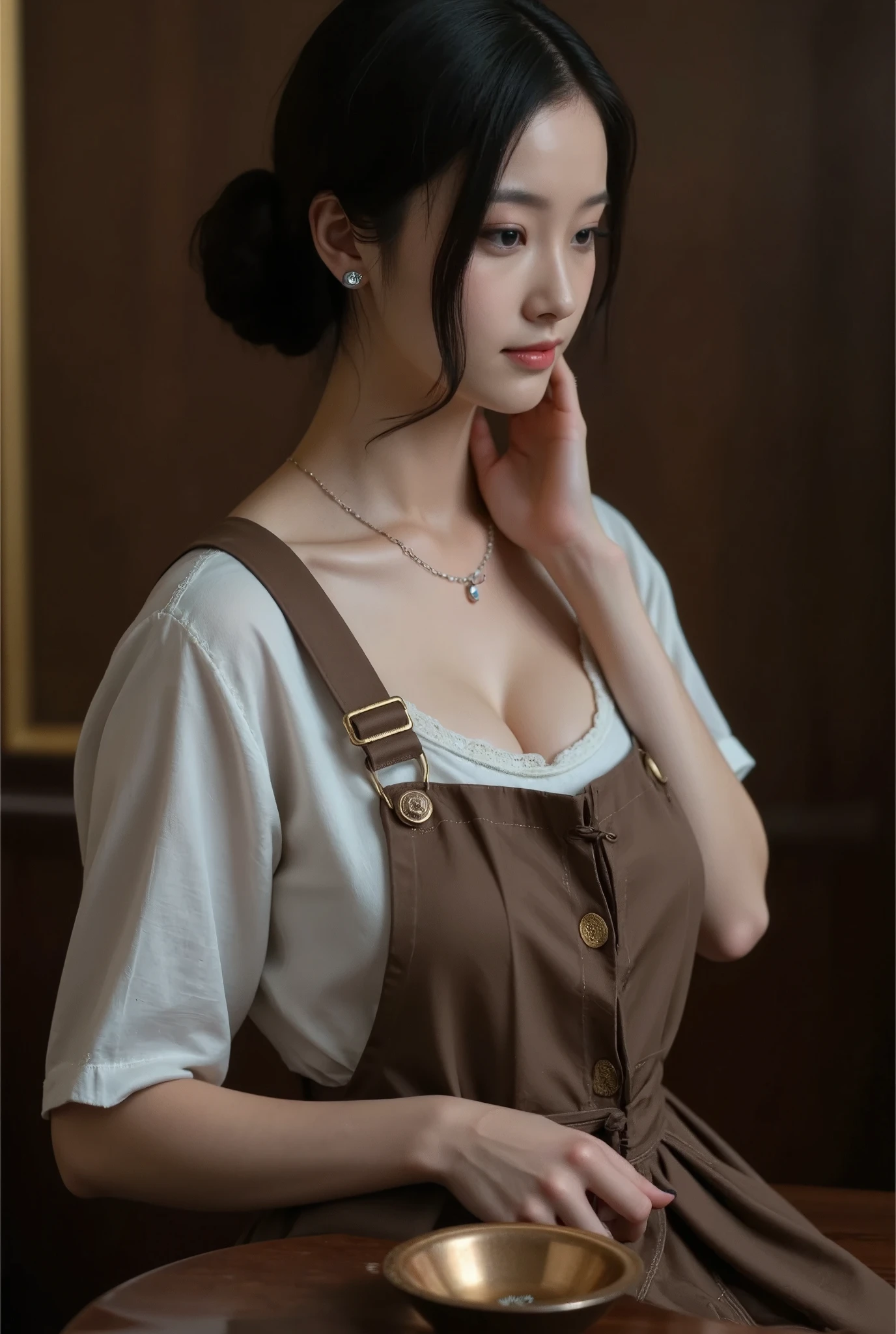 (((Iconic fashion 18th-century woman extremely beautiful, slim figure))) (((The image is a portrait of a girl with pale skin and pink lips, light brown hair and her hair tied back in a bun. She is wearing a simple white dress with a wide collar and a brown apron tied around her waist. The woman is holding a small copper bowl in her left hand and her right hand is resting on her chin, as if she is deep in thought. The background is dark brown, making the woman and the bowl the focal point of the image. The lighting is soft and dramatic, creating a dreamlike and ethereal atmosphere))) (((Gorgeous and Voluptuous and sexy))) (((view profile,view focus on girl))) (((Chiaroscuro light dramatic contrast between light and dark))) (((By Annie Leibovitz style,by caravaggio style))) (3/4 view from front), (head to breast shot)