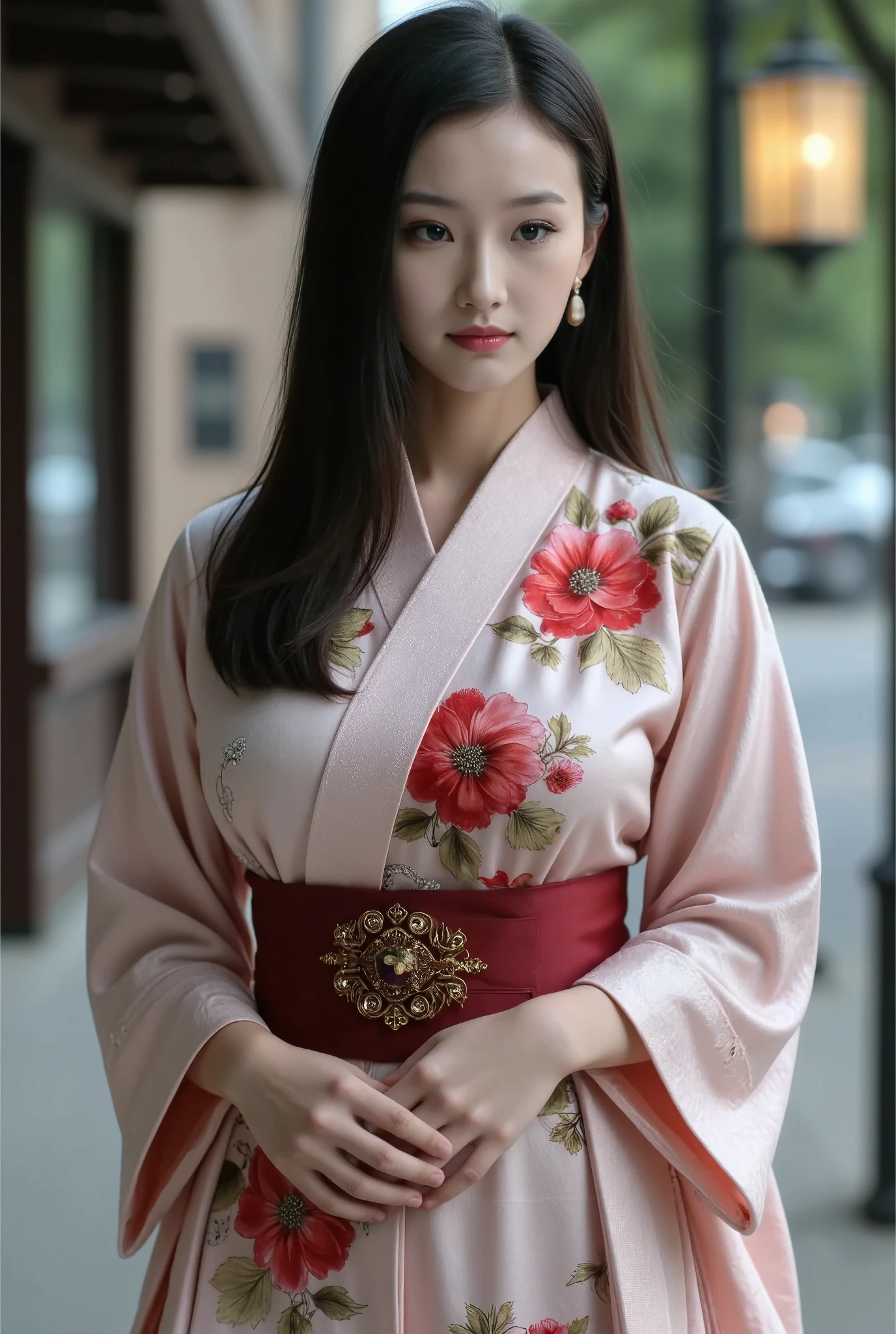 A beautiful young Japanese woman, 22yo, perfect body, beautiful legs, luxurious Japan style kimono, ornate floral embroidered, cinematic, highly details, immersive atmosphere, impeccably detailed, visually stunning, transfixing looks, emotive depth, artistic emotionality, compelling glances,
