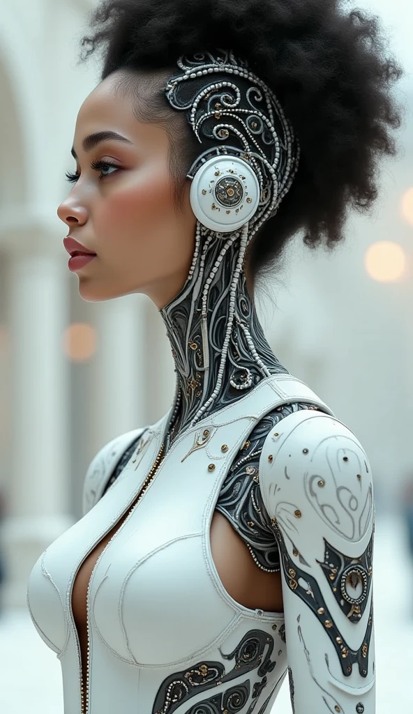 Create an intricately detailed half-face portrait of a woman with a cyborg transformation, blending human features with cybernetic elements. On one side, showcase her natural beauty with visible pores, freckles, and imperfections. On the other, seamlessly integrate cyber enhancements like metallic skin, LED-lit circuitry, and synthetic textures.
Zoom in to capture the complexity of her eyes, merging organic warmth with the cold precision of cybernetics. Emphasize the integration points where human skin transitions to cyber enhancements, adding subtle reflections to create a cohesive and realistic fusion.
Incorporate cybernetic elements into her hair, introducing strands with a synthetic sheen or nanobot-like patterns. Ensure that the imperfections in her natural features contrast dynamically with the sleek, futuristic enhancements. Use dynamic lighting to highlight the cybernetic side, creating a visually striking interplay between human vulnerability and technological strength.
This detailed half-face composition aims to evoke a seamless blend of humanity and technology, exploring the beauty of contrast in a cyborg transformation.
